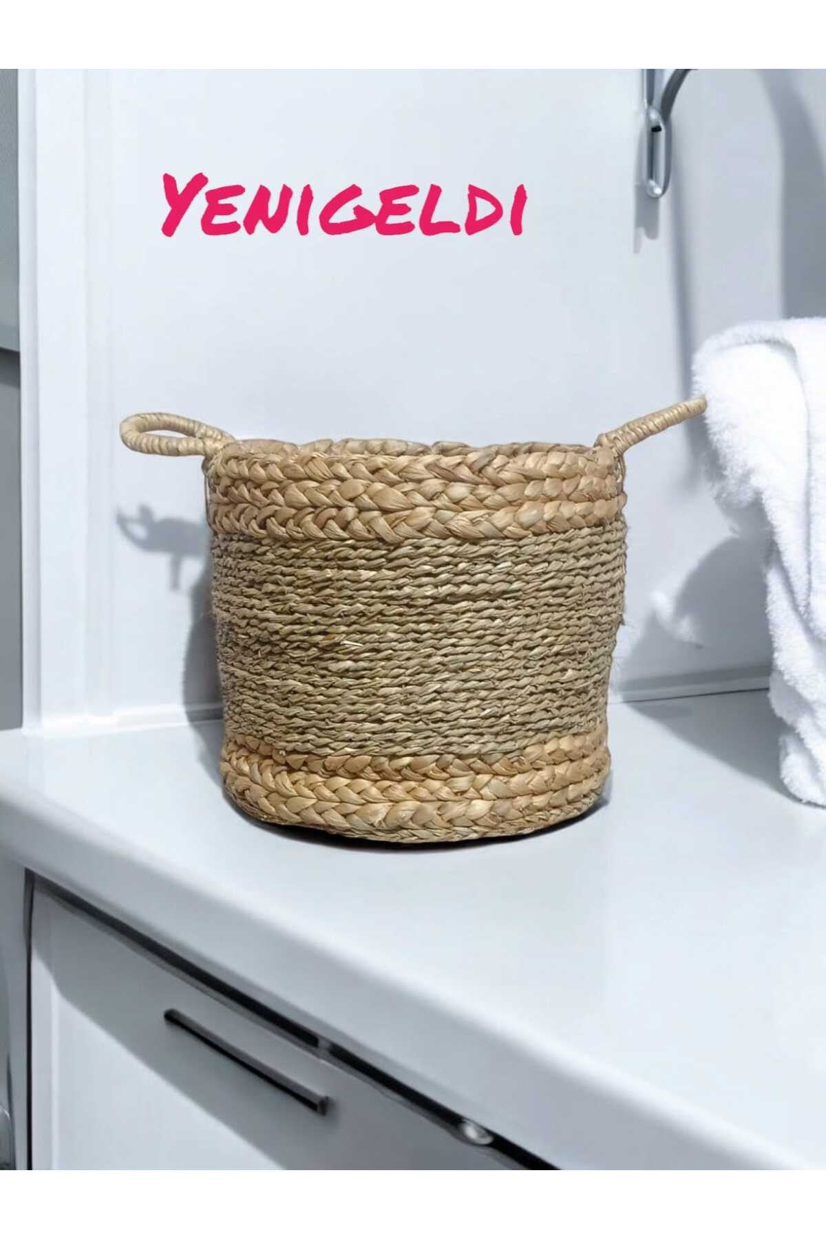 (YÜKSEKLİĞİ:30*GENİŞLİĞİ:35 CM) 1 Adet Saplı Yuvarlak Dekoratif Hasır Sepeti Yen240005b