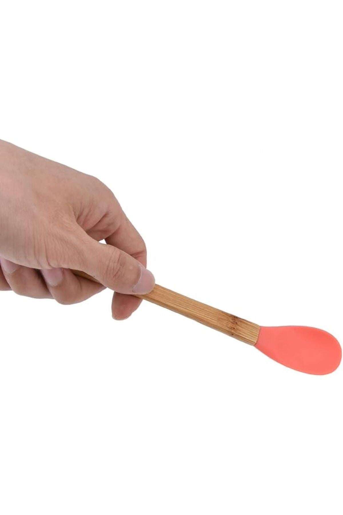3 Adet 21 cm Pastel Renk Bambu Saplı Mini Silikon Pişirme Seti, ( Kaşık,Fırça,Spatula)