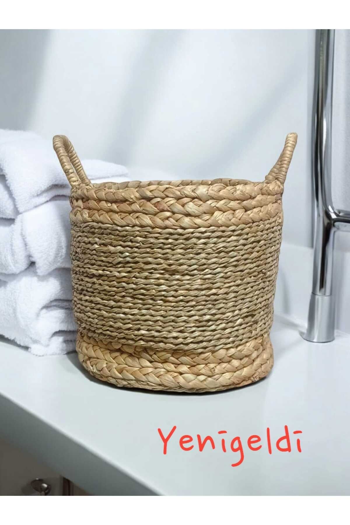 (YÜKSEKLİĞİ:26*GENİŞLİĞİ:30 CM) 1 Adet Saplı Yuvarlak Dekoratif Hasır Sepeti Yen240005or
