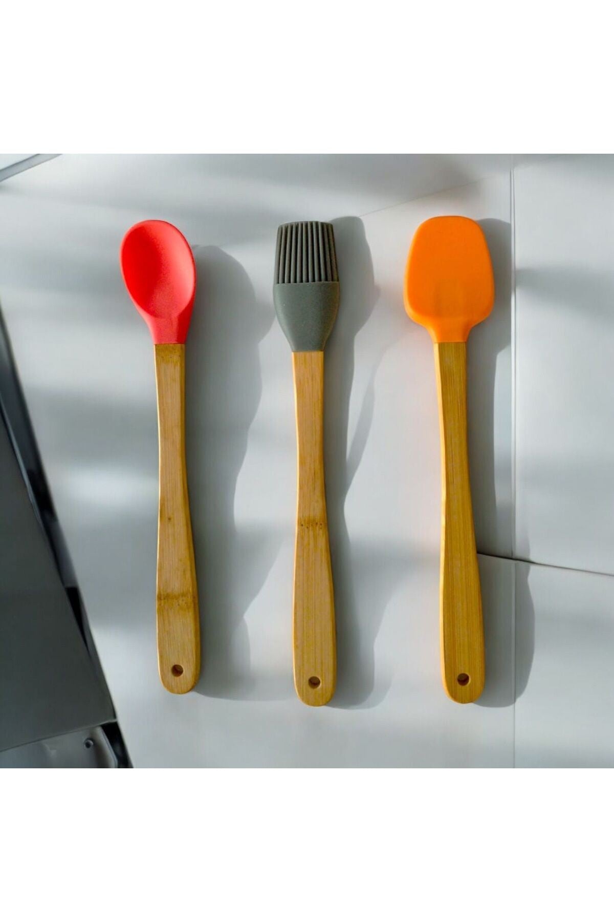 3 Adet 21 cm Pastel Renk Bambu Saplı Mini Silikon Pişirme Seti, ( Kaşık,Fırça,Spatula)