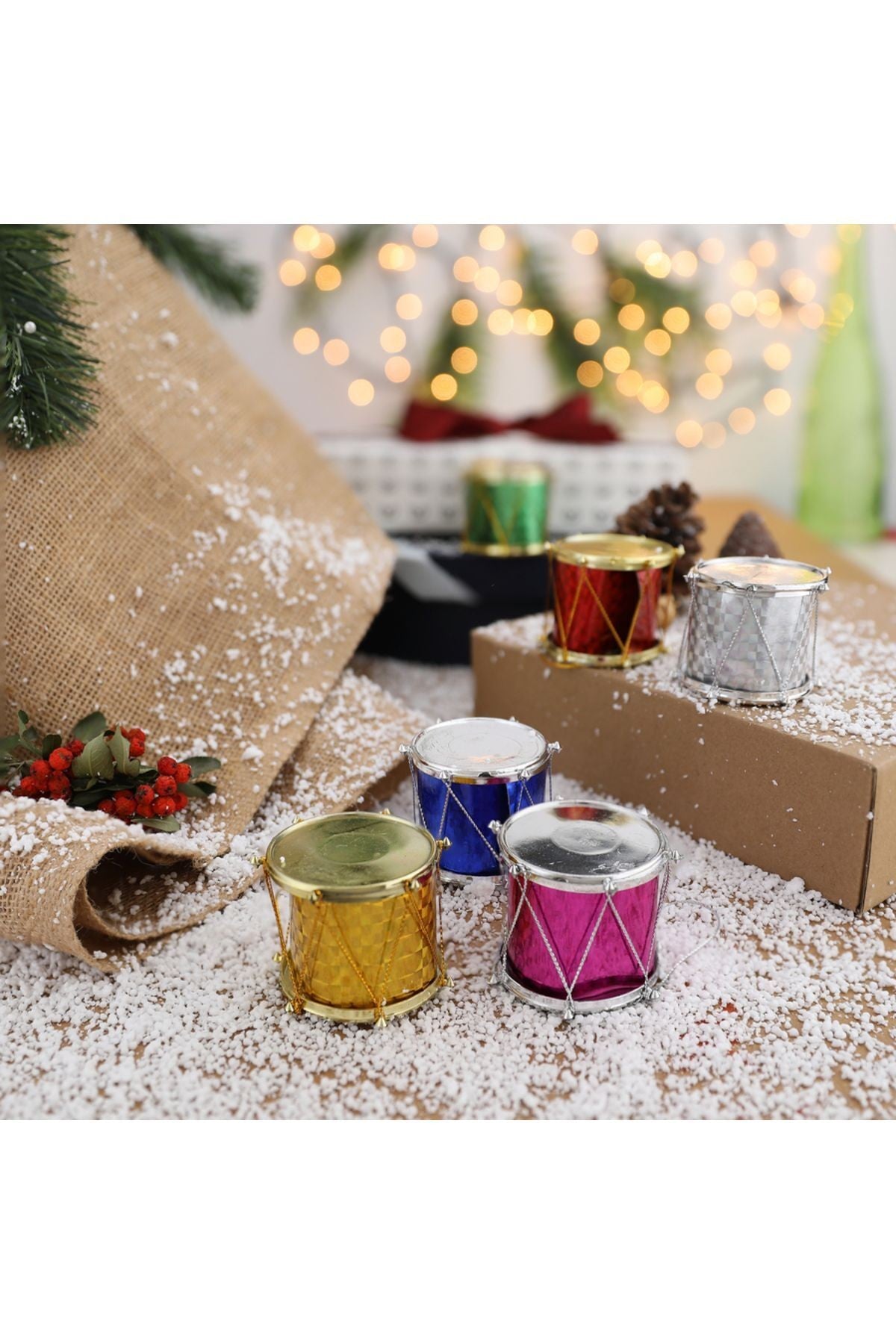 6 Adet Renkli Simli Mini Davul Noel Ağacı Süsleri, Asılı Noel Dekoru