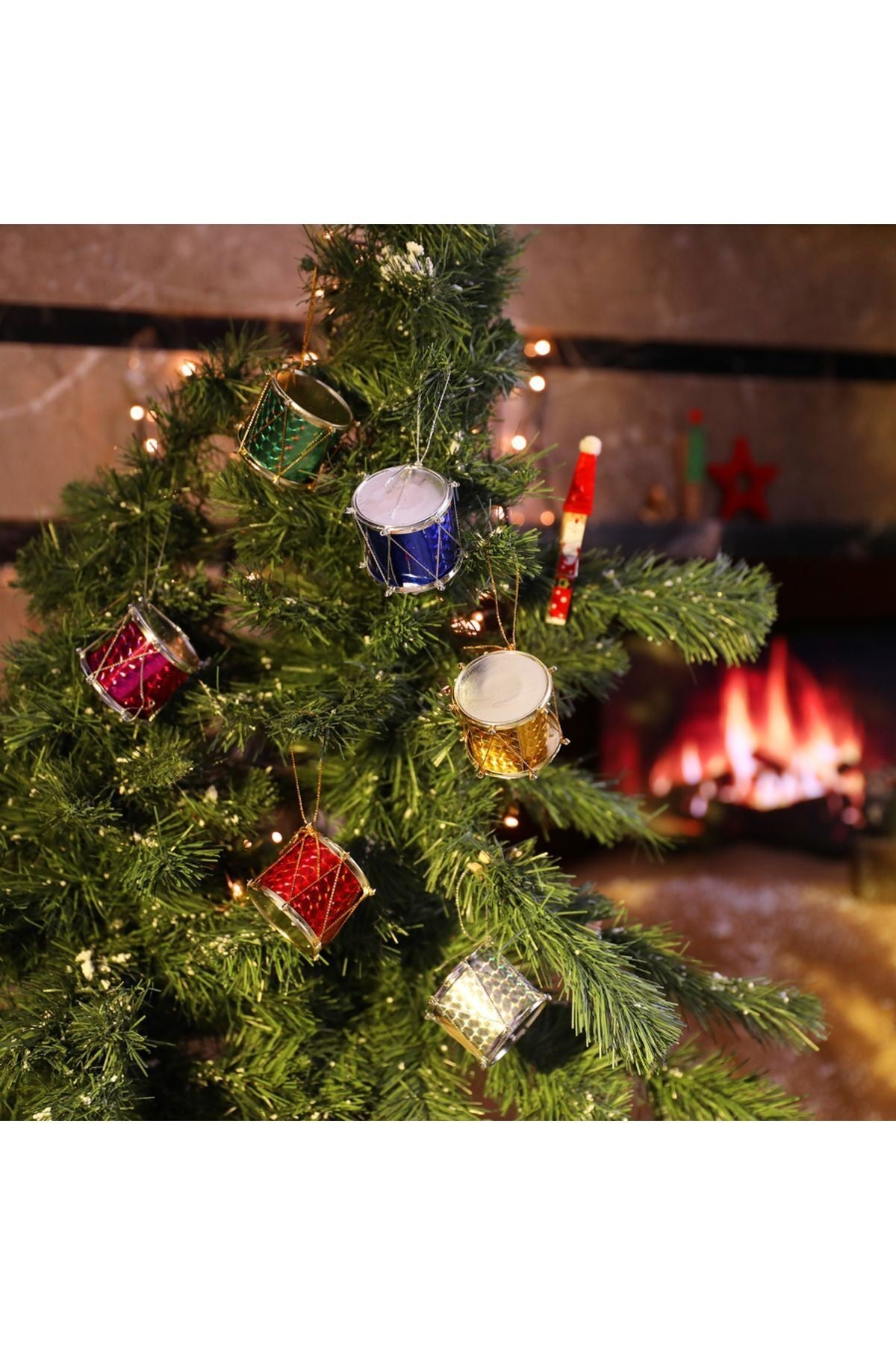 6 Adet Renkli Simli Mini Davul Noel Ağacı Süsleri, Asılı Noel Dekoru
