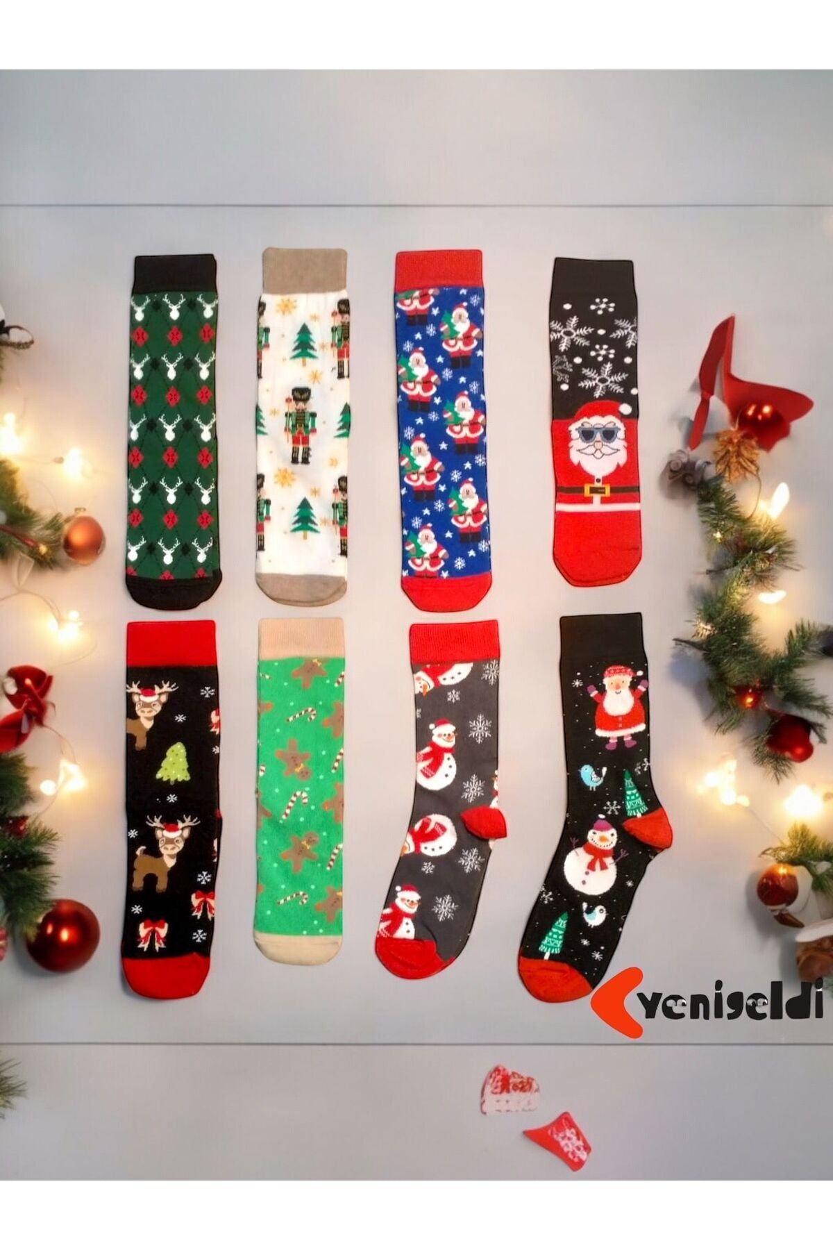 1 Adet Yılbaşı Çorabı Yıkanmış Renkli Desenli Noel Baba Ve Kış Temalı Çorap