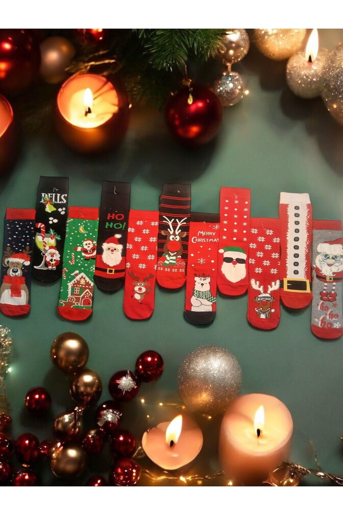 1 Adet Yılbaşı Çorabı Yıkanmış Renkli Desenli Noel Baba Ve Kış Temalı Çorap