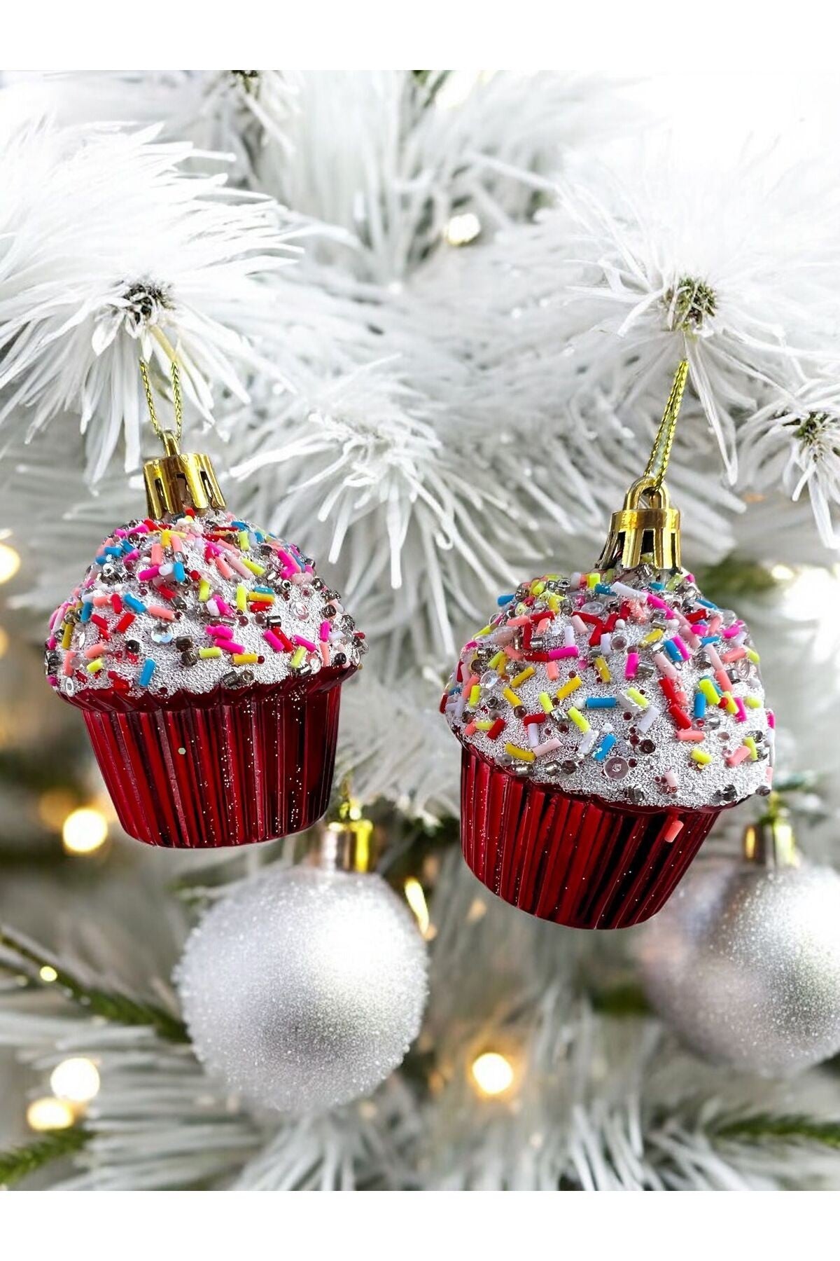 Kırmızı 6 Cm Cupcake Parti Süslemeleri , Yılbaşı Ağacı Cupcake Yeni Yıl Doğum Günü Partisi Süsü T-74