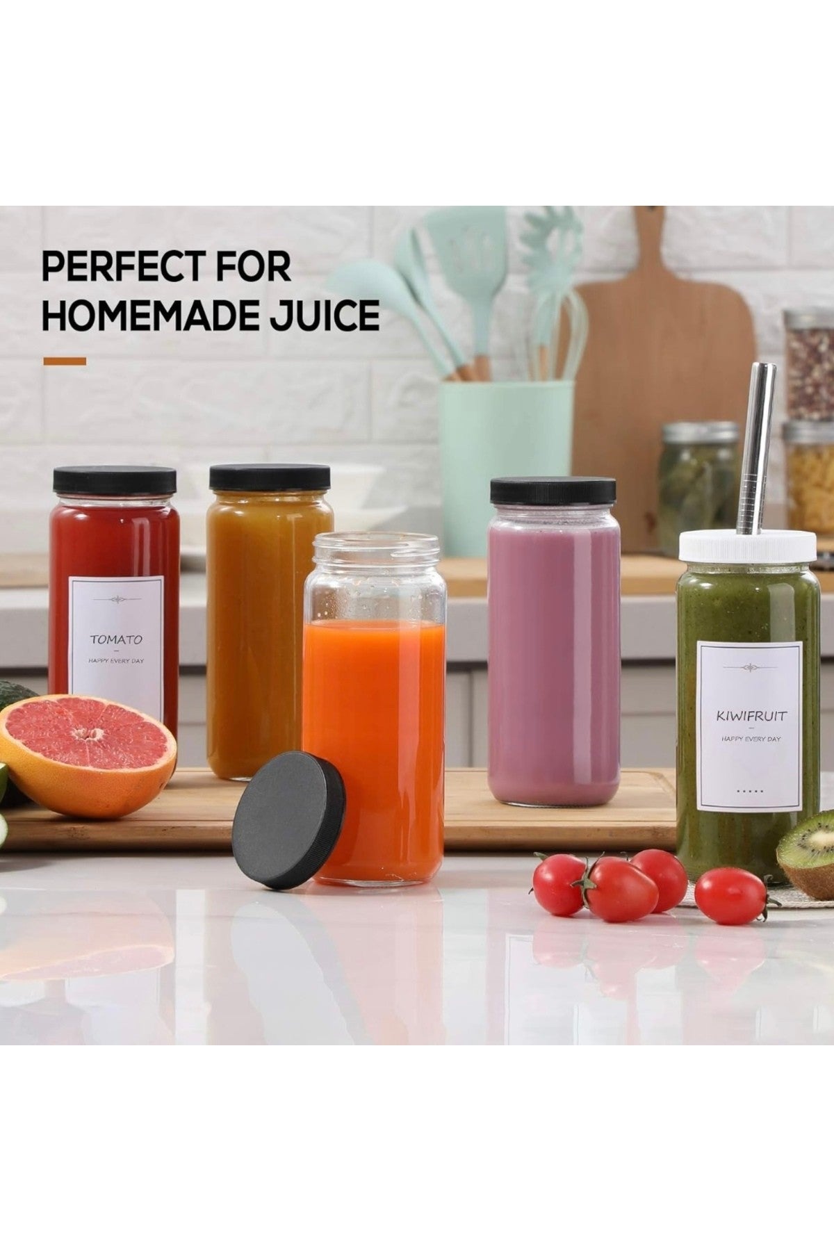 1 Adet (Pipet ve 2 Kapaklı) Cam Bardak , Hava Geçirmez Kapak, Meyve Suyu, Boba, Smoothie,
