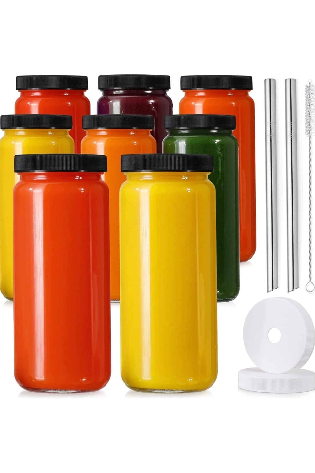 1 Adet 480ml (PİPET VE 2 KAPAKLI) Çelik Pipetli Cam Bardak , Hava Geçirmez Kapak, Meyve Suyu