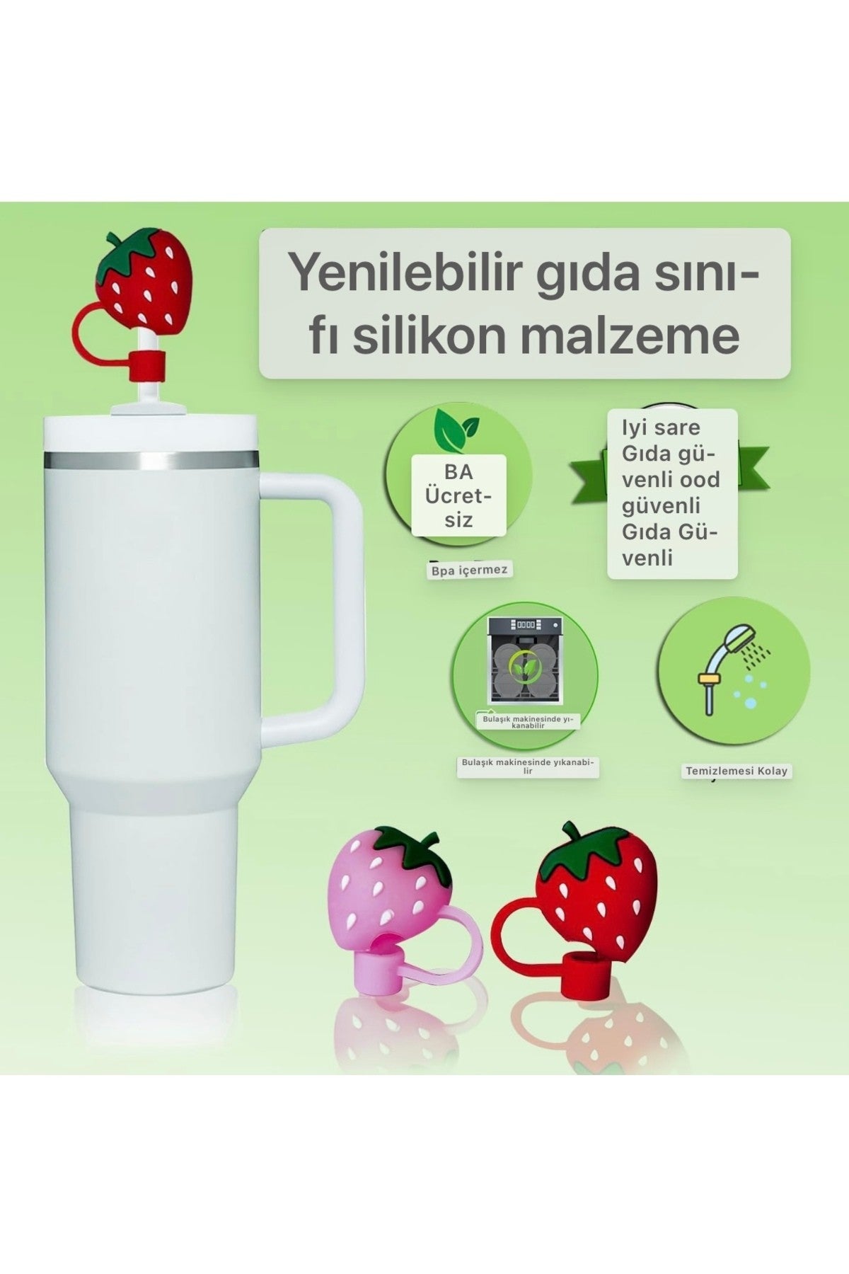2 Adet (1 ADET KIRMIZI, 1 ADET PEMBE) Çilek Pipet Tıpası Pipet Kapak Quencher Tapa