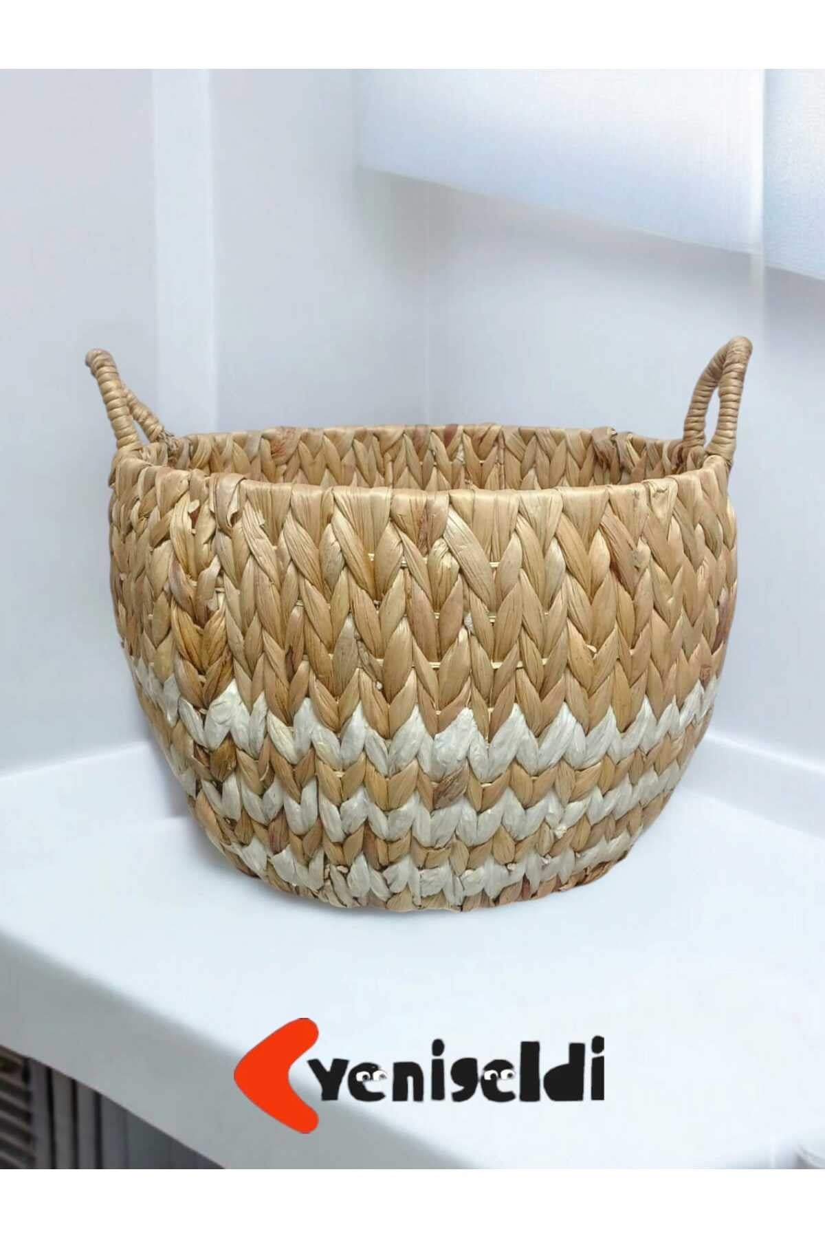 1 Adet Doğal Hasır Sepet ( 26 Cm * 40 Cm * Taban 28 Cm ) Beyaz Çizgili Yen240014or