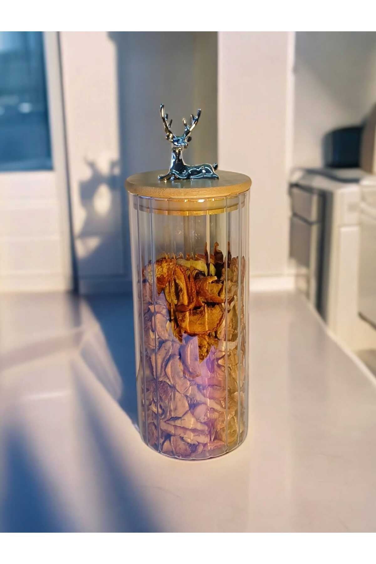 (9x20 CM) 2 Adet 1000 ml Gökkuşağı Geyikli Cam Saklama Kavanozu Geyik Başı Gümüş Renk Y-472