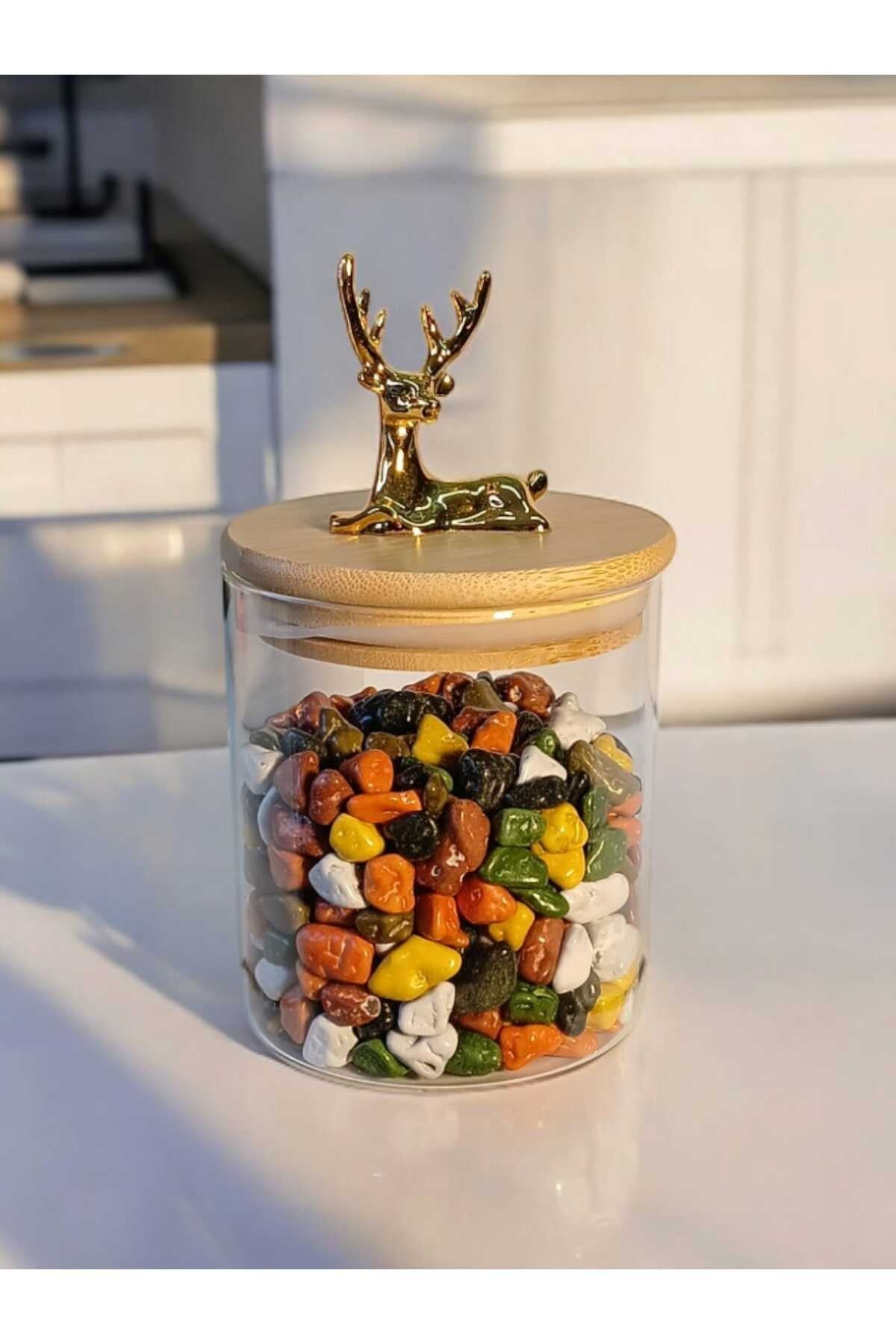 (9x10 CM) 1 Adet 600 ml Parlak Şeffaf Renk Geyikli Cam Saklama Kabı Geyik Başlı Y-511