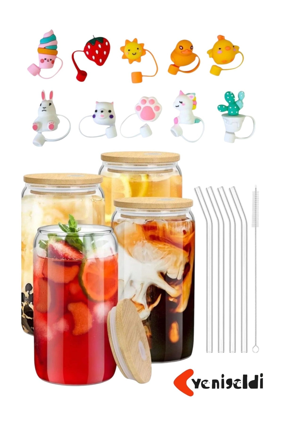 4 Adet Bambu Kapaklı Cam Bardak Buzlu Kahve Smoothie Kokteyl Bardağı 4 Cam Pipet Ve 2 Temizleme Fırç