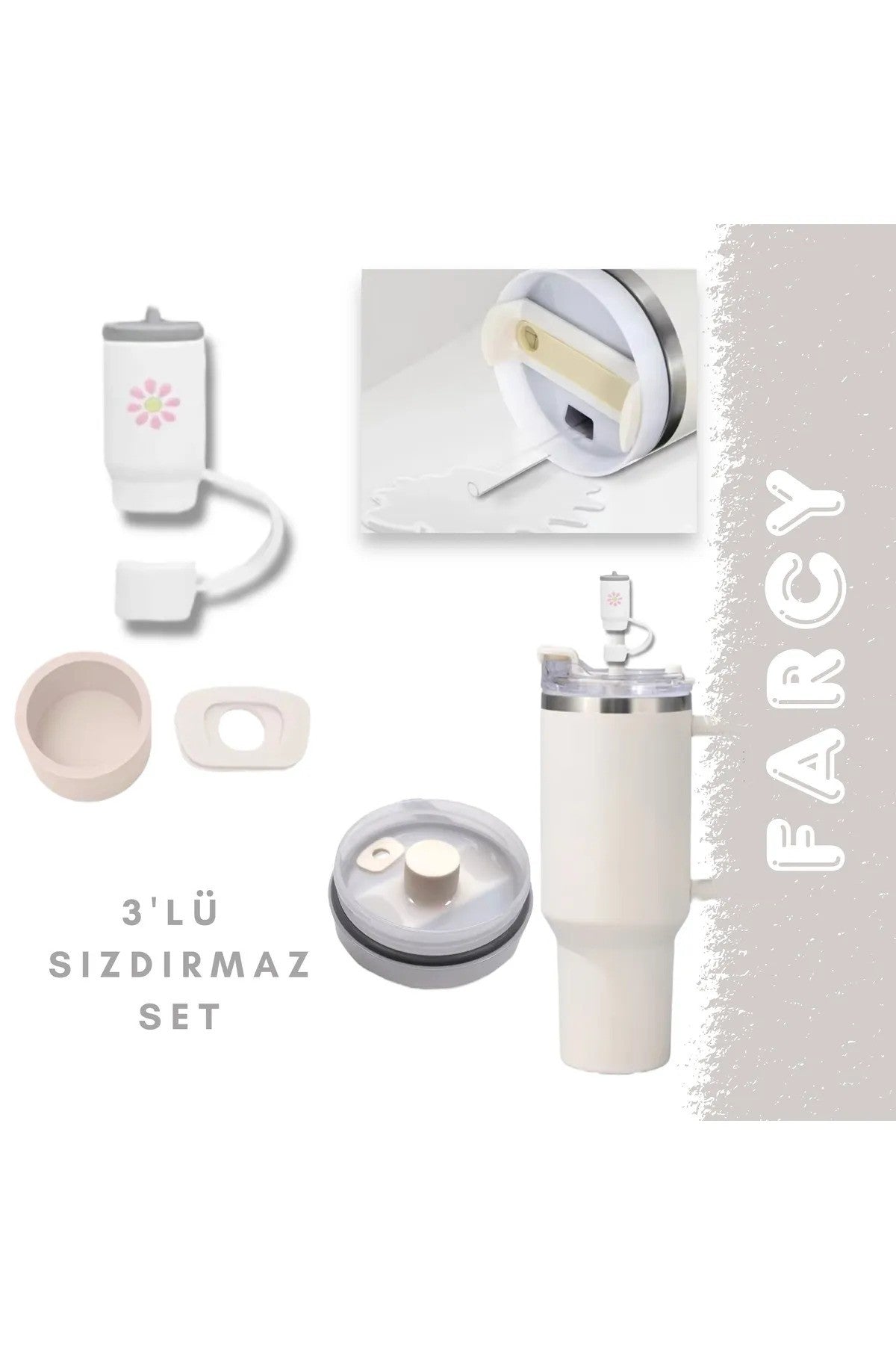 Stnly ve Quencher Yeni Nesil Pipetli Termos Uyumlu Figürlü 3 Parça Sızdırmaz Aksesuar Silikon Set
