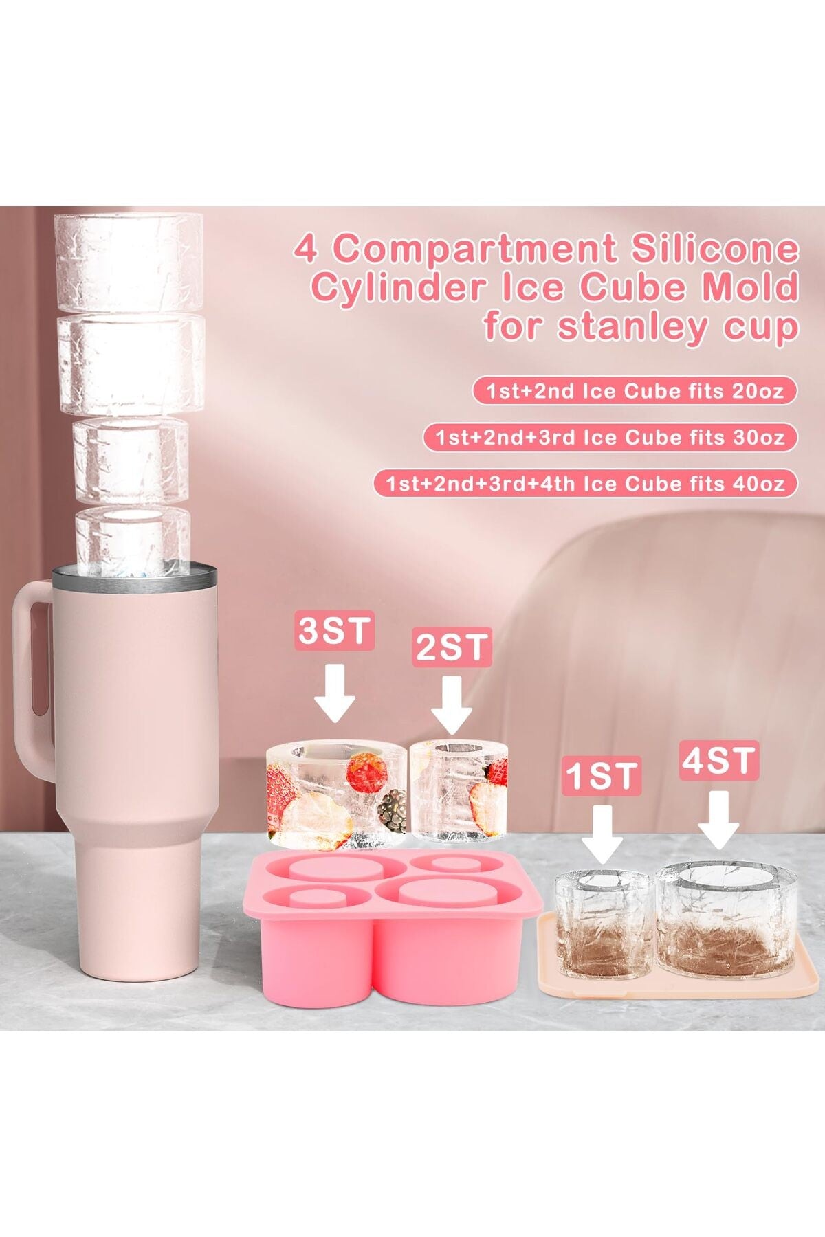 Quencher Uyumlu 20-30-40 Oz Aksesuar 4 Bölmeli Kapaklı Silikon Buz Kalıbı