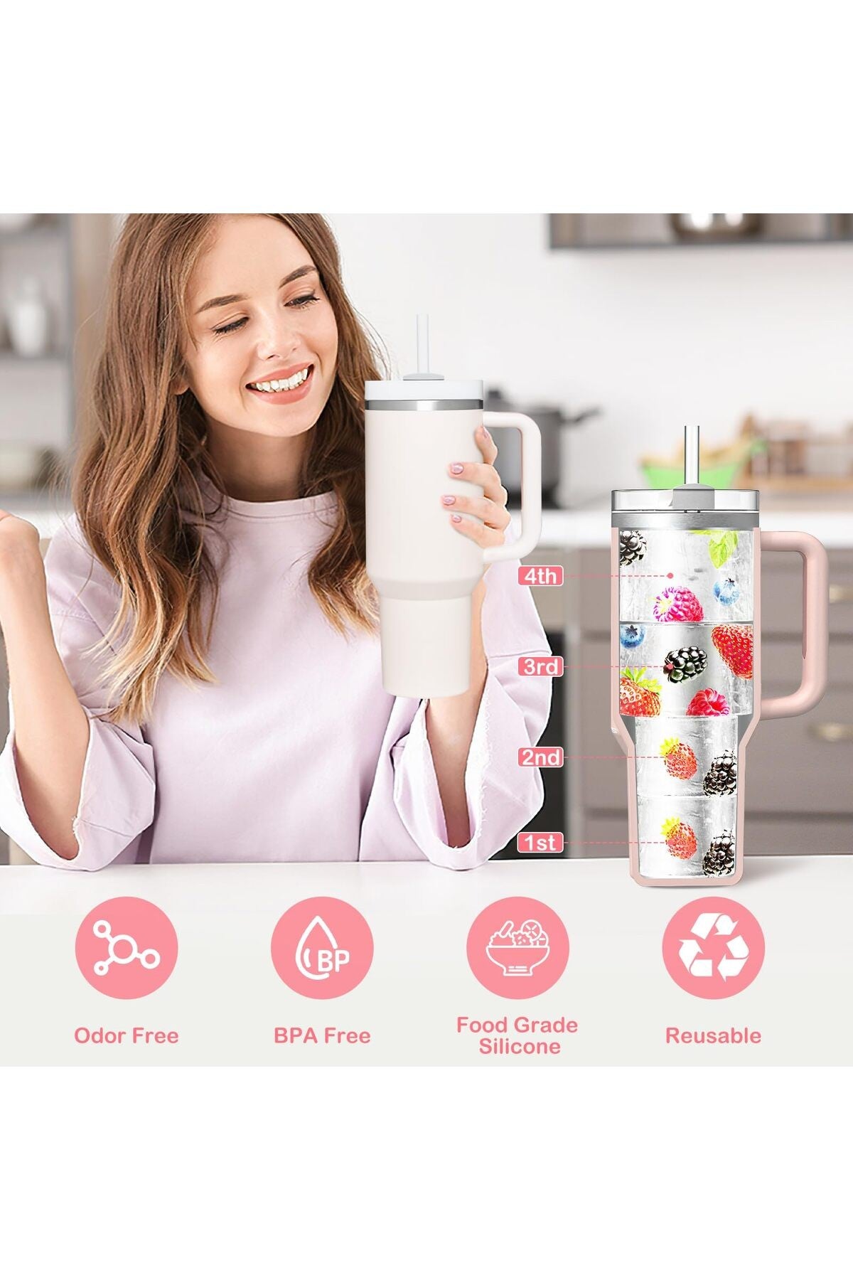 Quencher Uyumlu 20-30-40 Oz Aksesuar 4 Bölmeli Kapaklı Silikon Buz Kalıbı