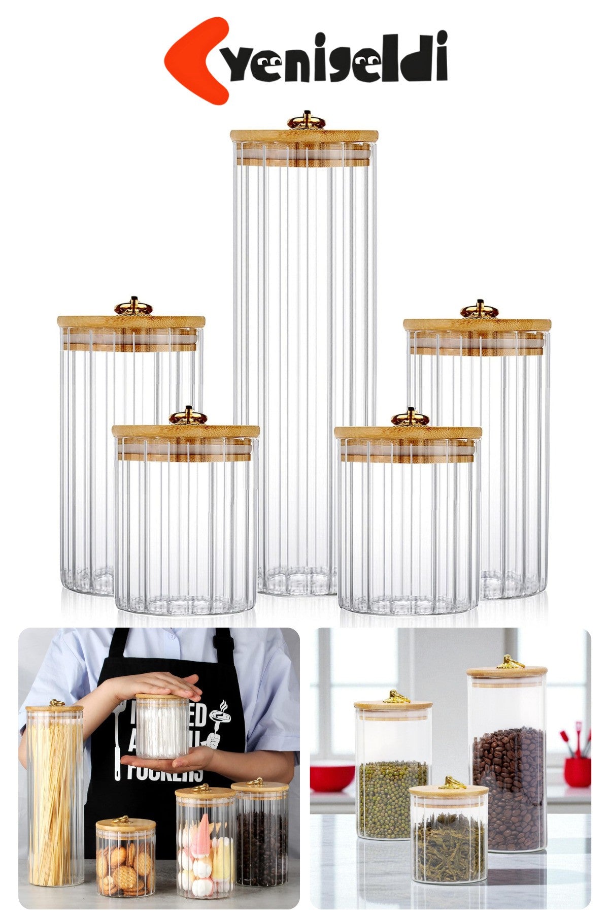 5 Parça Cam Saklama Kabı Seti Bambu Kapaklı Hava Geçirmez Metal Halkalı Küçük Orta Büyük Kavanoz
