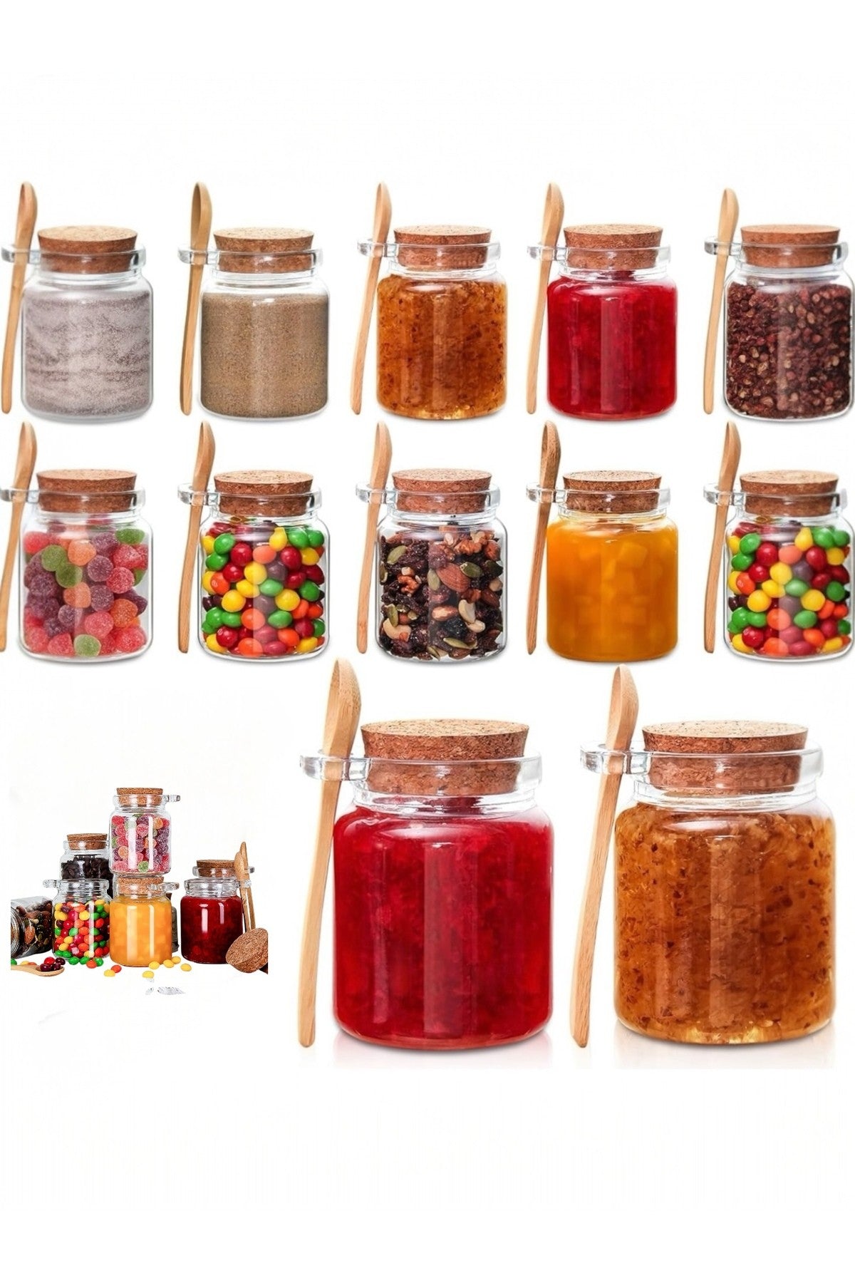 2 Adet 250 ml Mantar Kapaklı ve Kaşıklı Küçük Cam Saklama Kavanozları Y802