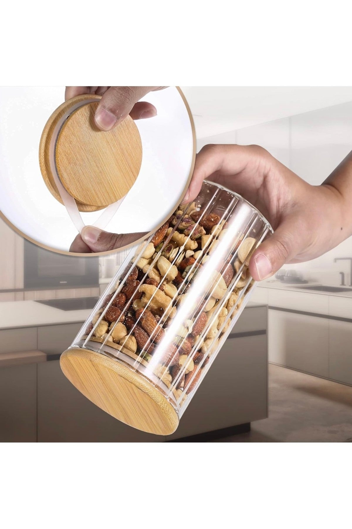 Bambu 1 Adet 750 ml Kaşık Kapaklı Büyük Hava Geçirmez Cam Kavanoz