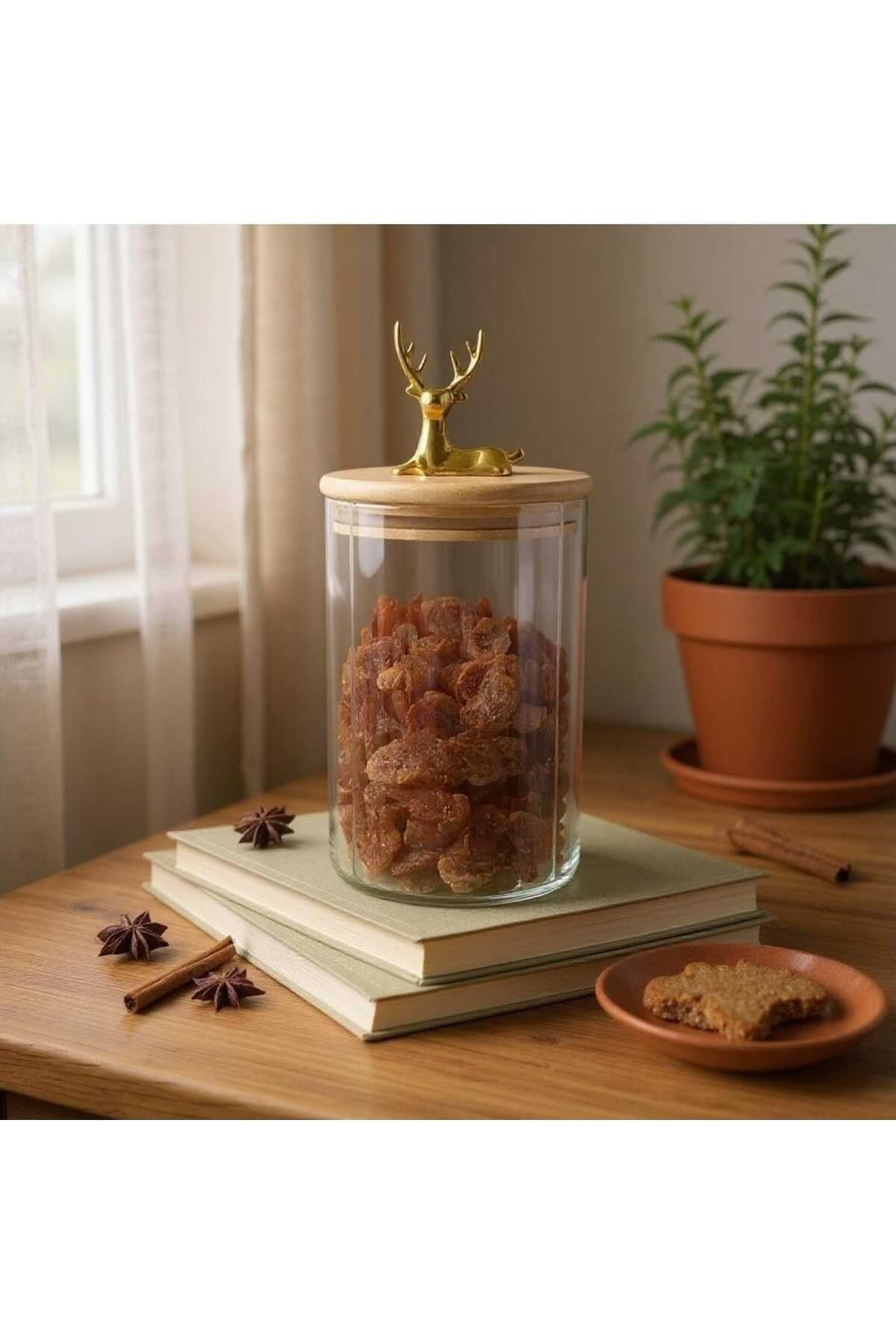(9x15 CM) 2 Adet 750 ml Geyikli Cam Saklama Kavanozu Geyik Başı Altın Renk Hava Geçirmez Y-432