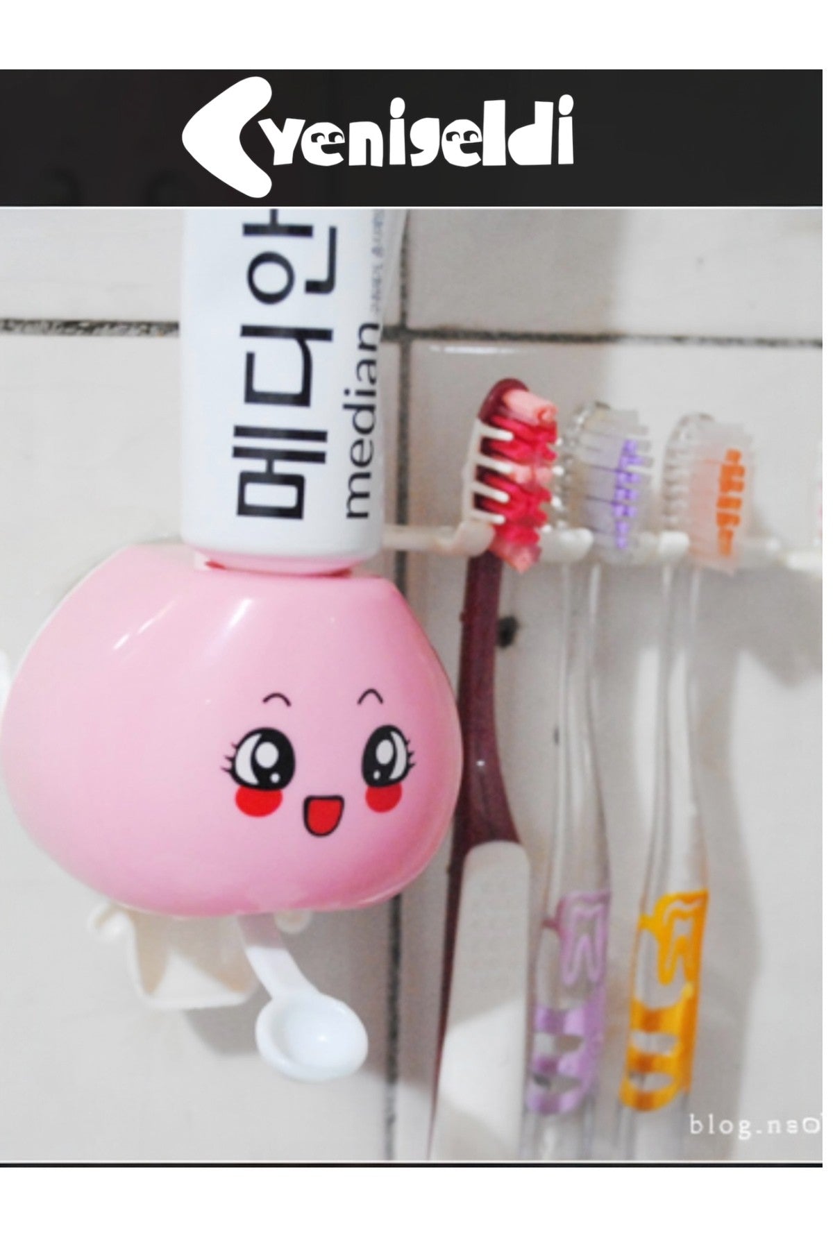 Sevimli Pembe Diş Macunu Dispenseri + 4’lü Diş Fırçası Tutucu | Vakumlu Banyoluk Organizer