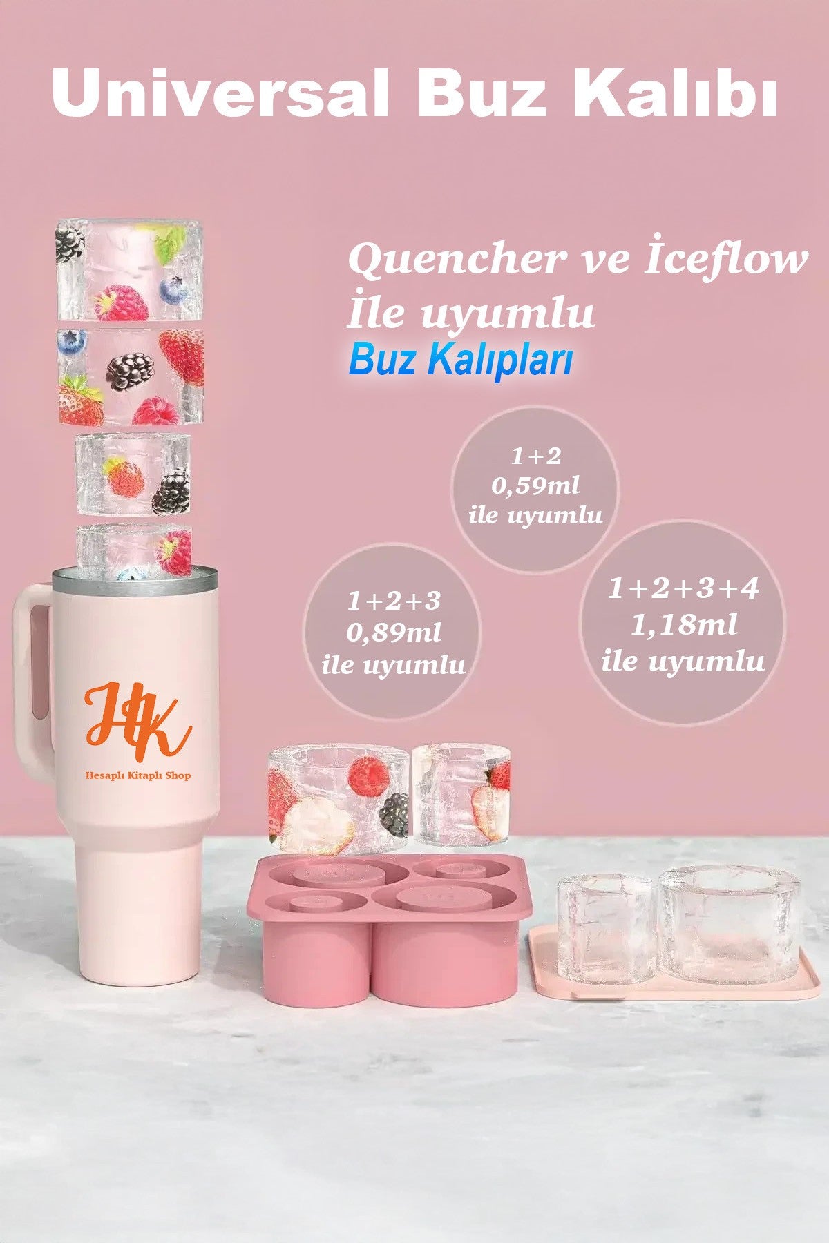 Quencher ve İceflow Uyumlu 20-30-40 Oz Aksesuar 4 Bölmeli Kapaklı Silikon Buz Kalıbı