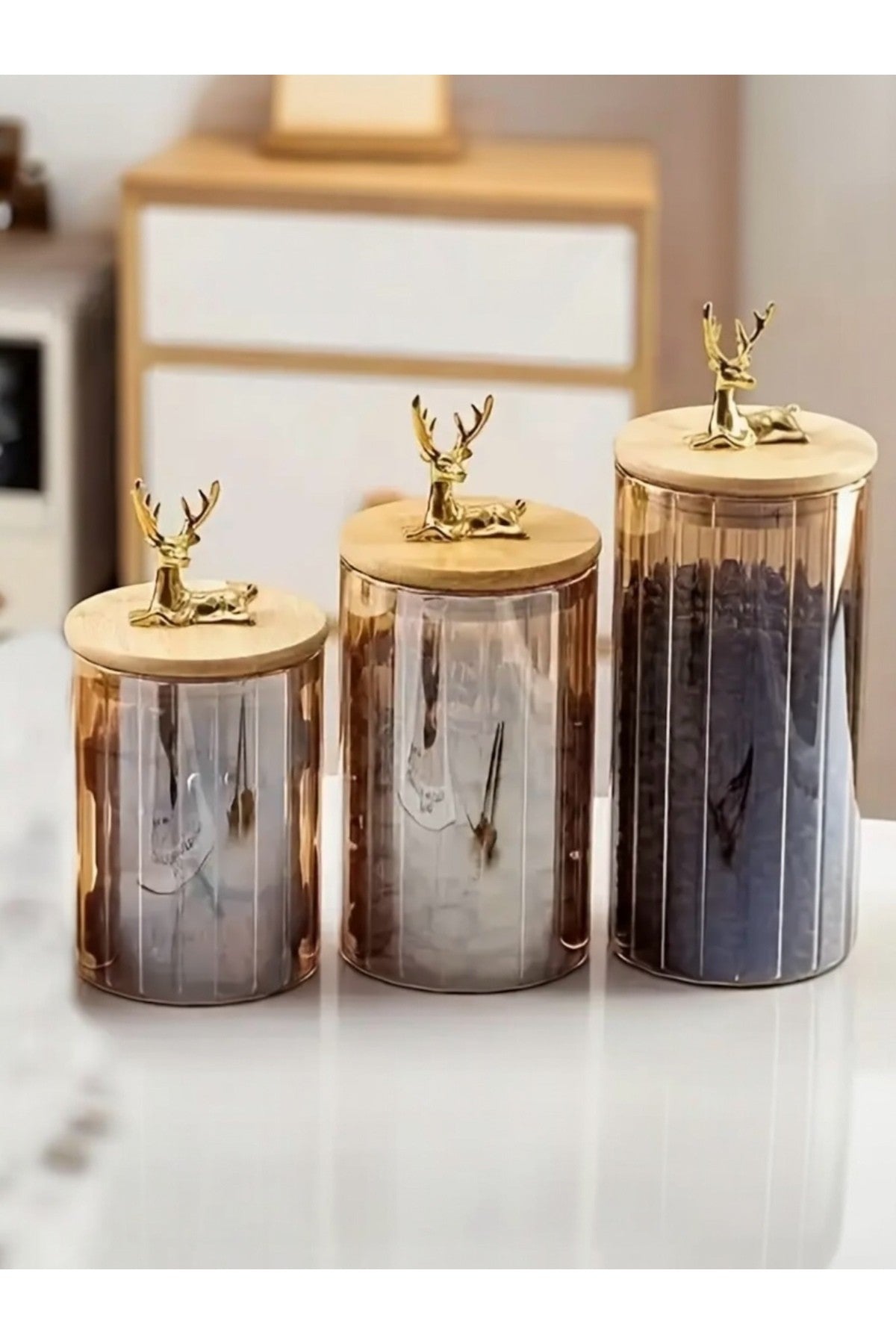 3 Adet (600ml+750ml+1000ml) Kehribar Renkli Cam Kavanoz Geyik Başlıklı