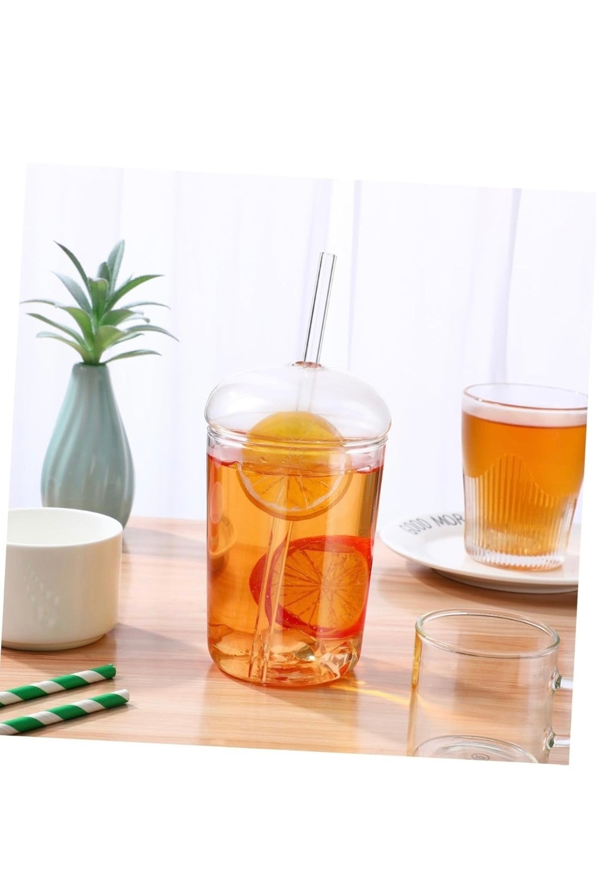 2 Adet Y39 450 ml Kubbe Kubbe Kapaklı Isıya Dayanıklı Bardak