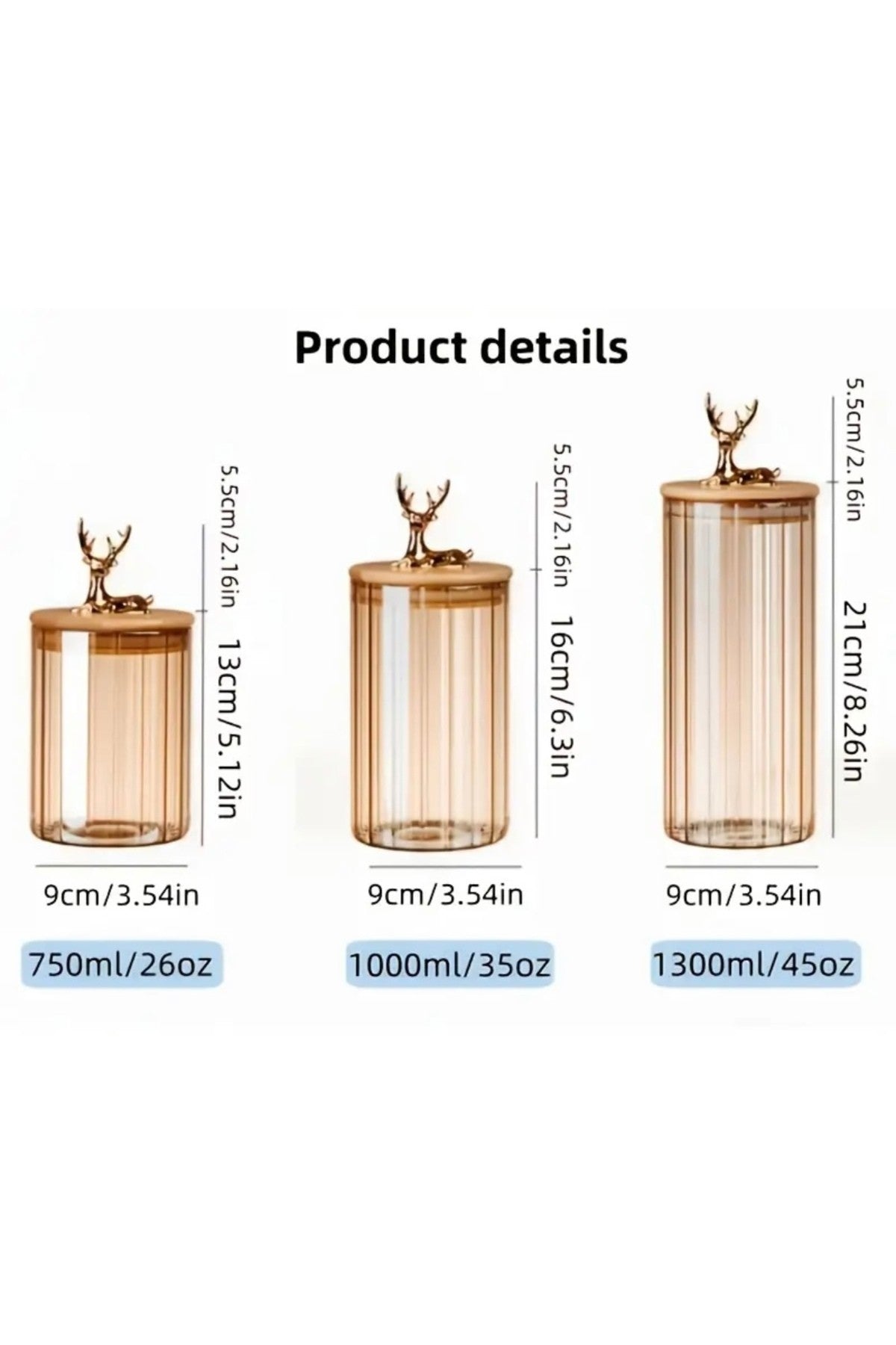(9x20 CM) 1000 ml 2 Adet Kehribar Renk Geyikli Cam Saklama Kavanozu Geyik Başı Altın Renk Y-502
