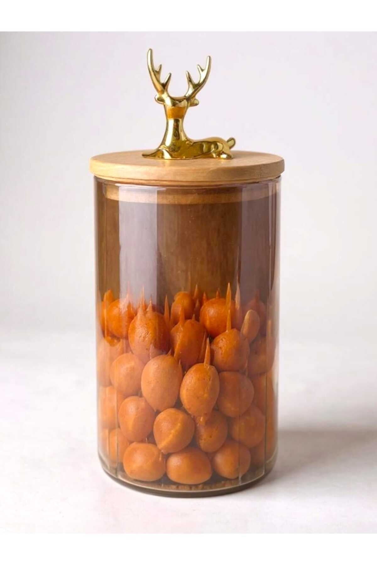 (9x15 CM) 750 ml 1 Adet Kehribar Renk Geyikli Cam Saklama Kavanozu Geyik Başı Altın Renk Y-491