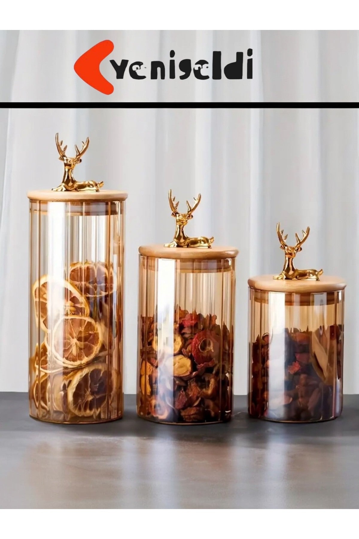 (9x15 CM) 750 ml 1 Adet Kehribar Renk Geyikli Cam Saklama Kavanozu Geyik Başı Altın Renk Y-491