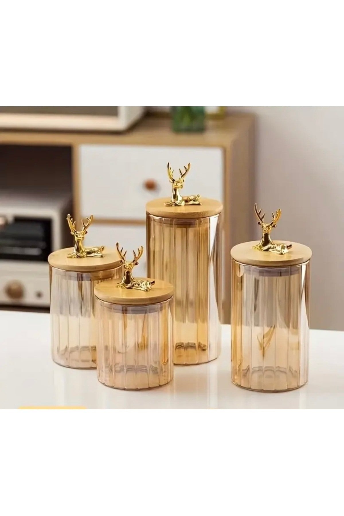 (9x15 CM) 750 ml 1 Adet Kehribar Renk Geyikli Cam Saklama Kavanozu Geyik Başı Altın Renk Y-491