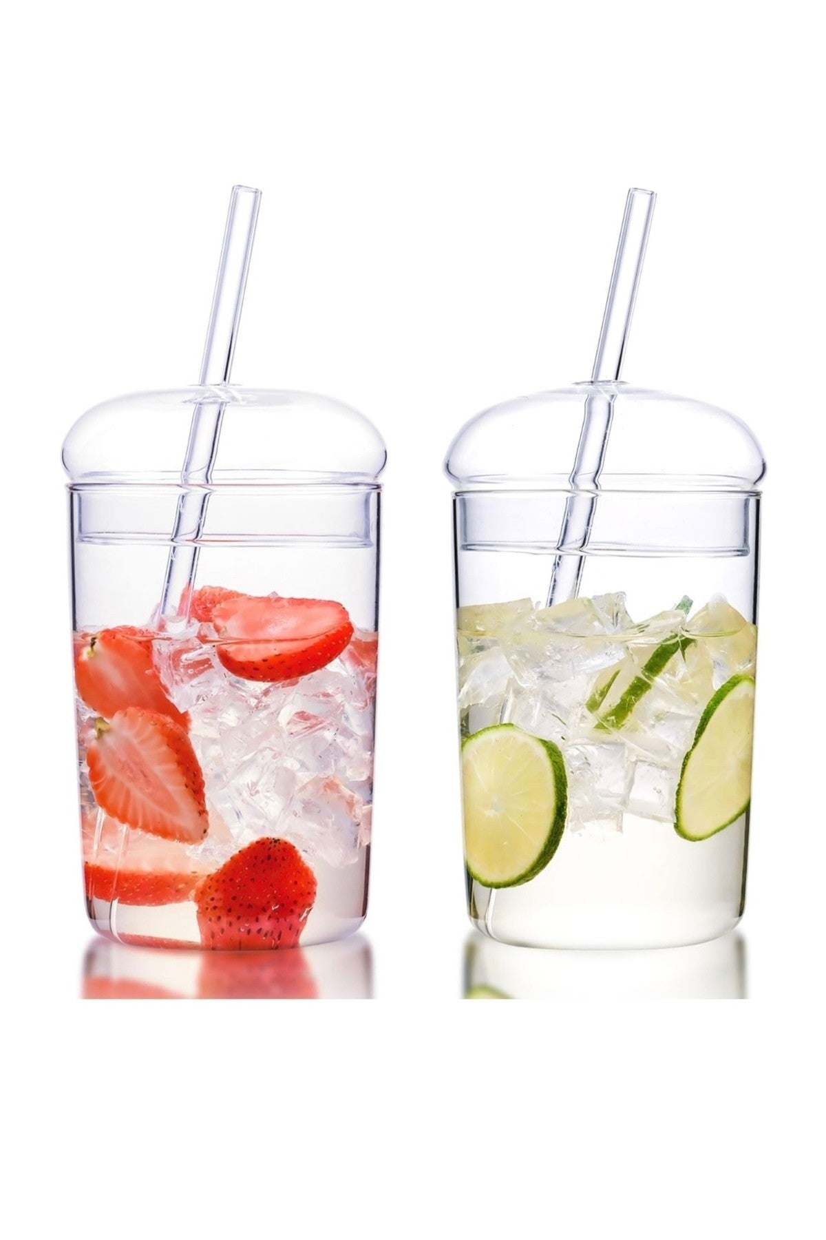 1 Adet 400ml Kubbe Kapaklı Pipetli Tumbler Isıya Dayanıklı Borosilikat Cam Bardak Kahve Meyve Suyu