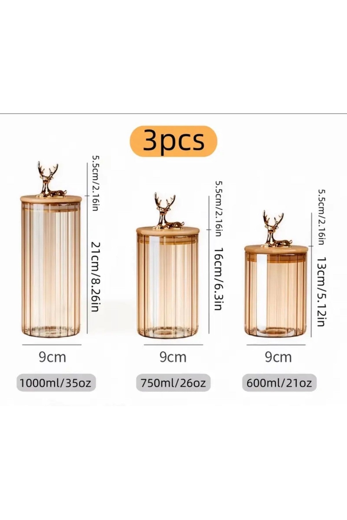 (9x15 CM) 750 ml 1 Adet Kehribar Renk Geyikli Cam Saklama Kavanozu Geyik Başı Altın Renk Y-491