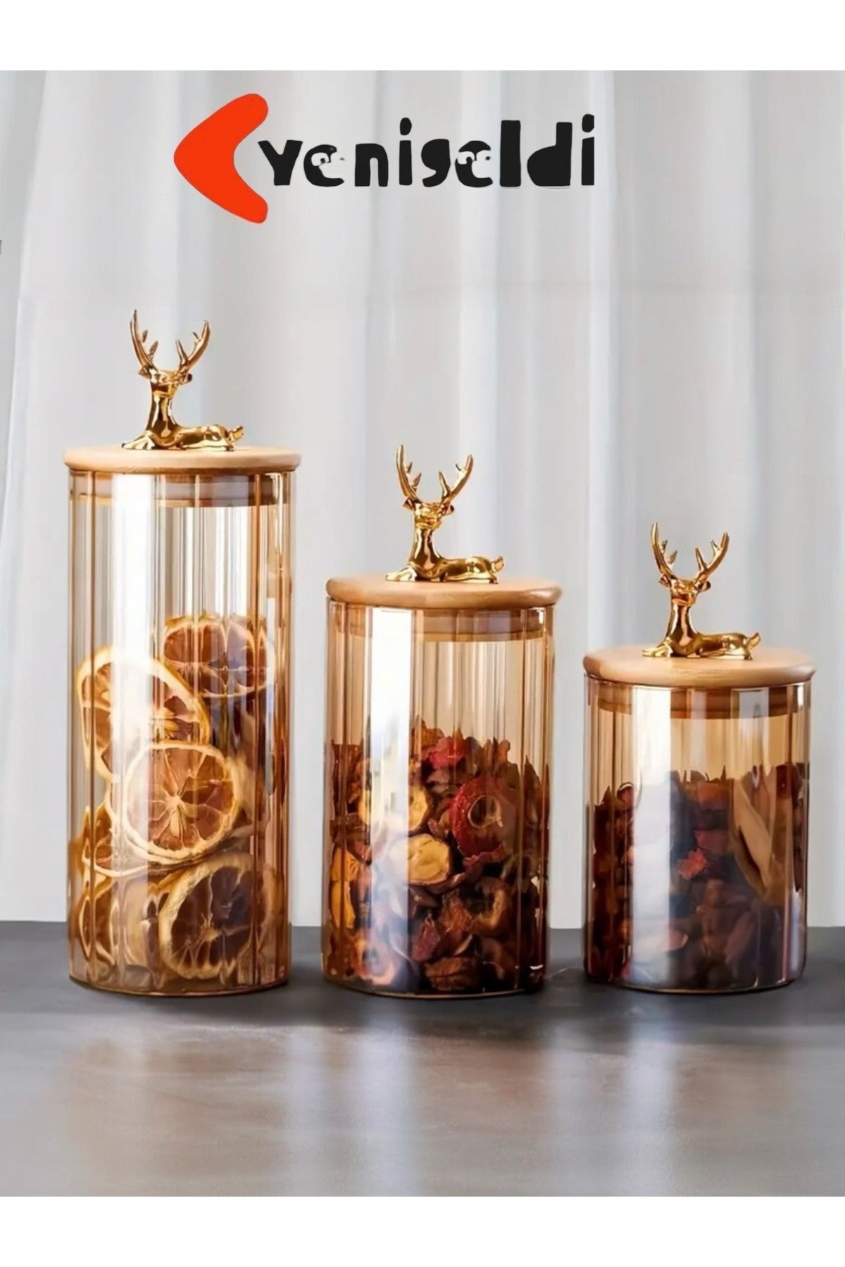 3 Adet (600ml+750ml+1000ml) Kehribar Renkli Cam Kavanoz Geyik Başlıklı