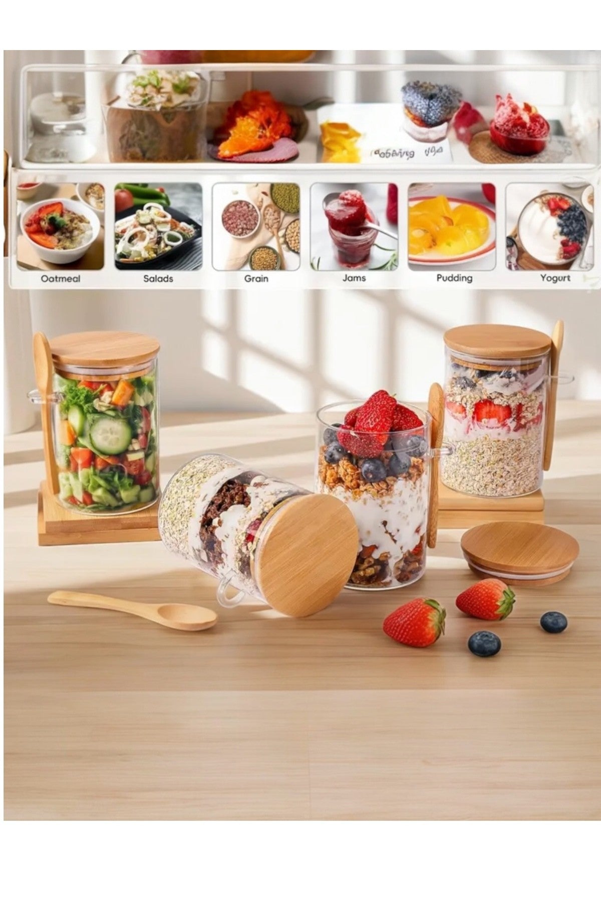 2 Adet (6.5 cm- 13 cm) Bambu Kapaklı ve Kaşıklı Şeffaf Hava Geçirmez Kavanoz Kahve Şeker, Baharat