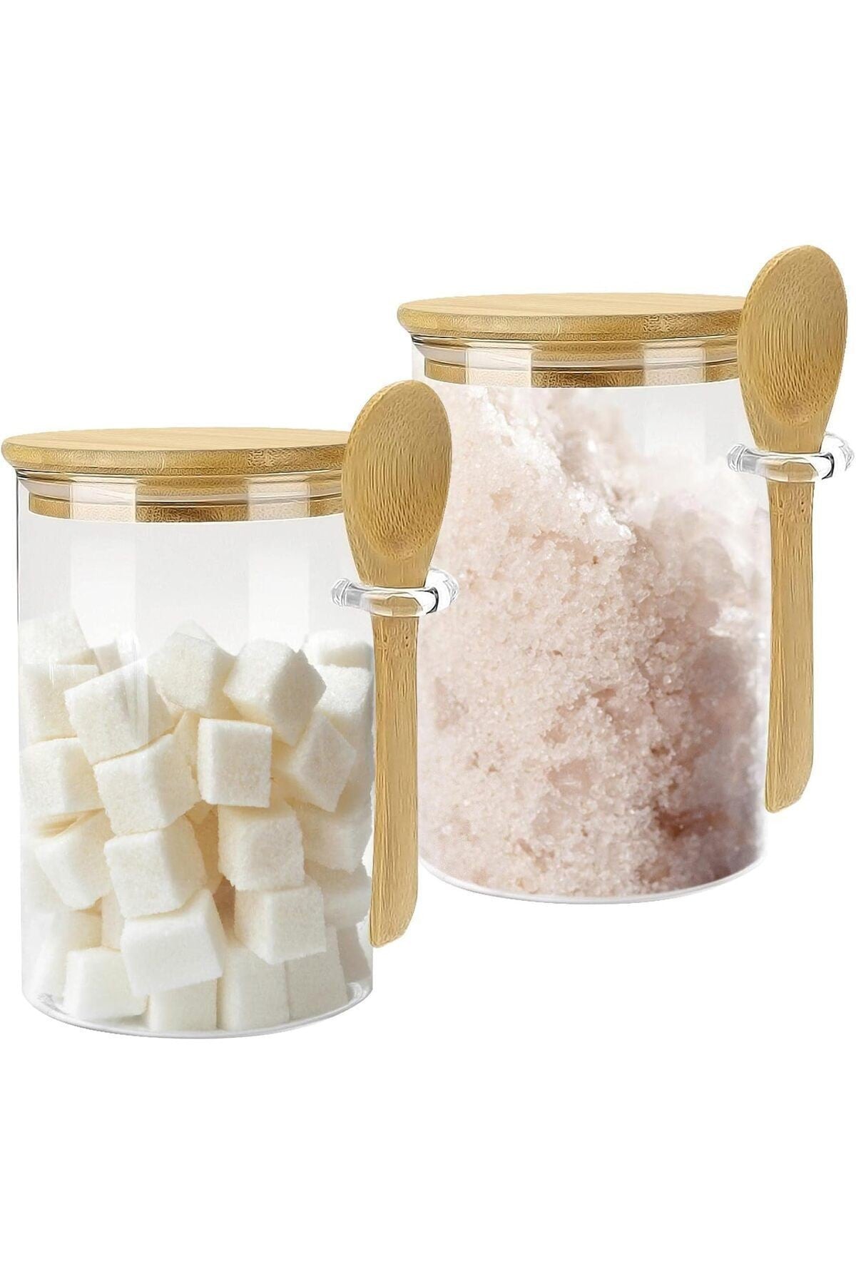 2 Adet (6.5 cm- 13 cm) Bambu Kapaklı ve Kaşıklı Şeffaf Hava Geçirmez Kavanoz Kahve Şeker, Baharat