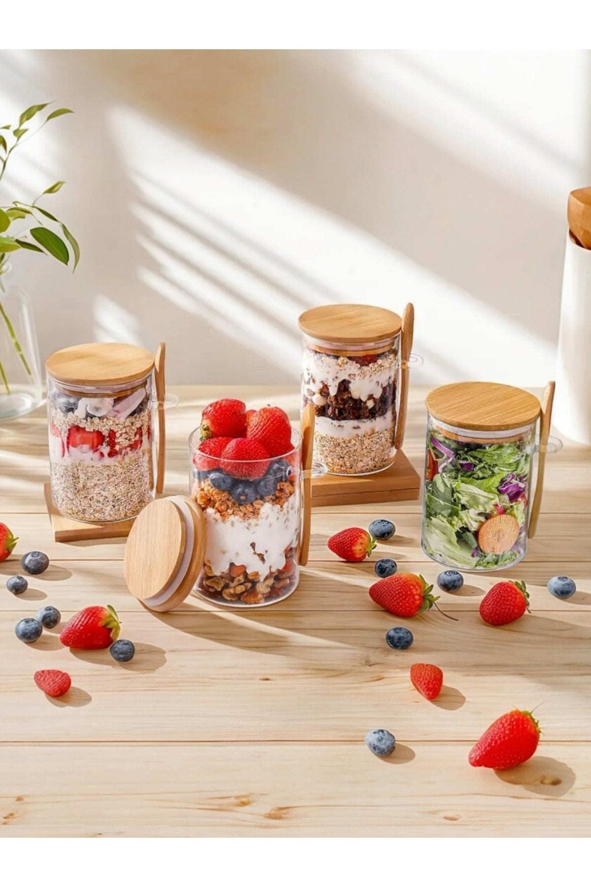 2 Adet (6.5 cm- 13 cm) Bambu Kapaklı ve Kaşıklı Şeffaf Hava Geçirmez Kavanoz Kahve Şeker, Baharat