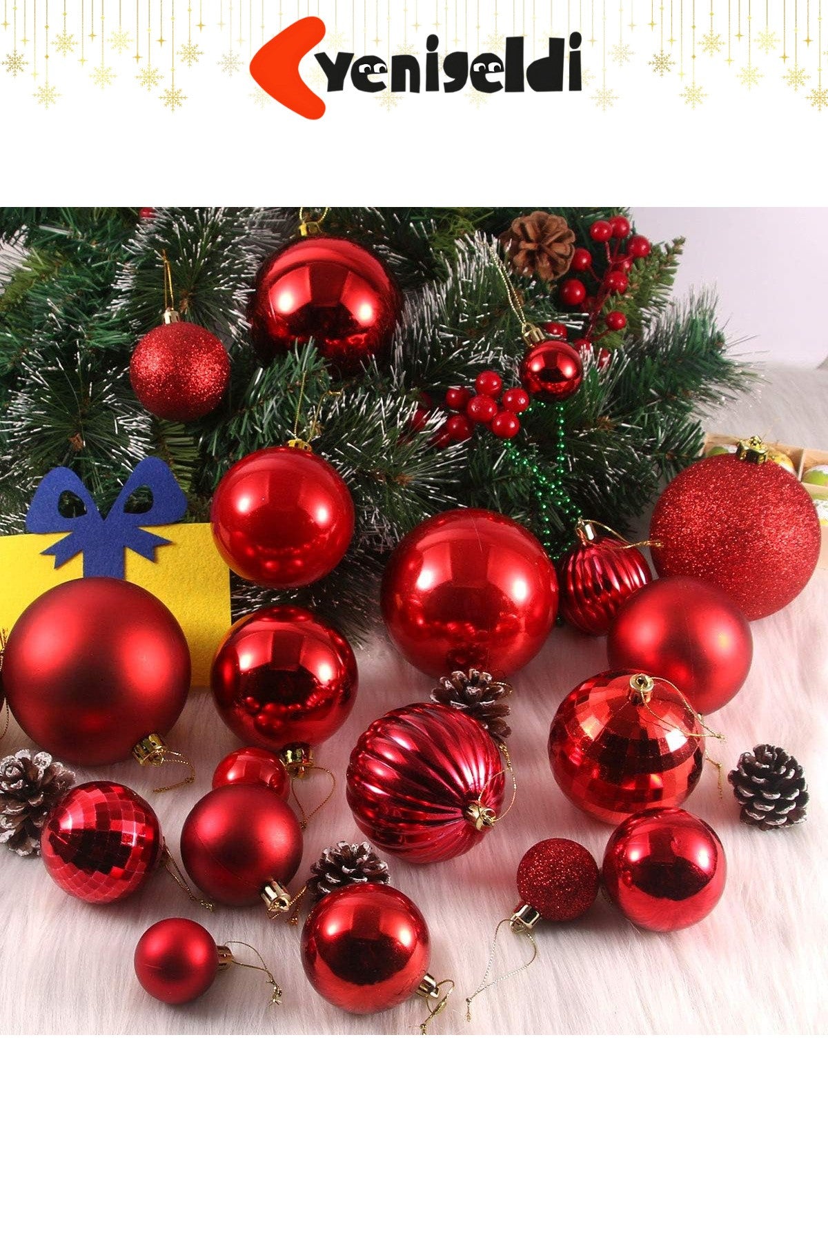 6 Adet Kırmızı Noel Ağacı Süsü – Mat, Parlak, Simli ve Yansıtıcı Dekoratif Yılbaşı Topu Seti