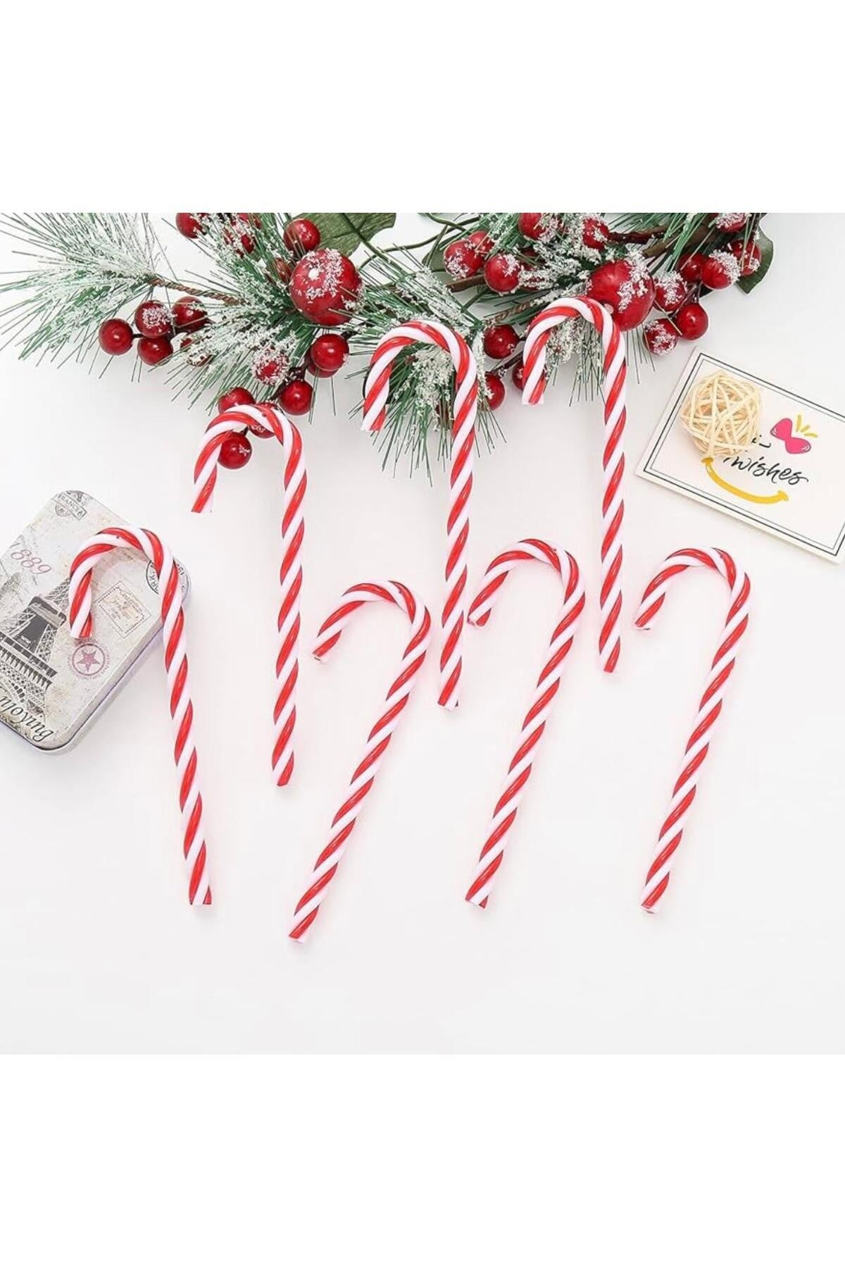 6 Adet 8 cm Kırmızı Beyaz Şeker Çubuğu Noel Ağacı Süsü – Plastik Dayanıklı Dekoratif Yılbaşı Seti