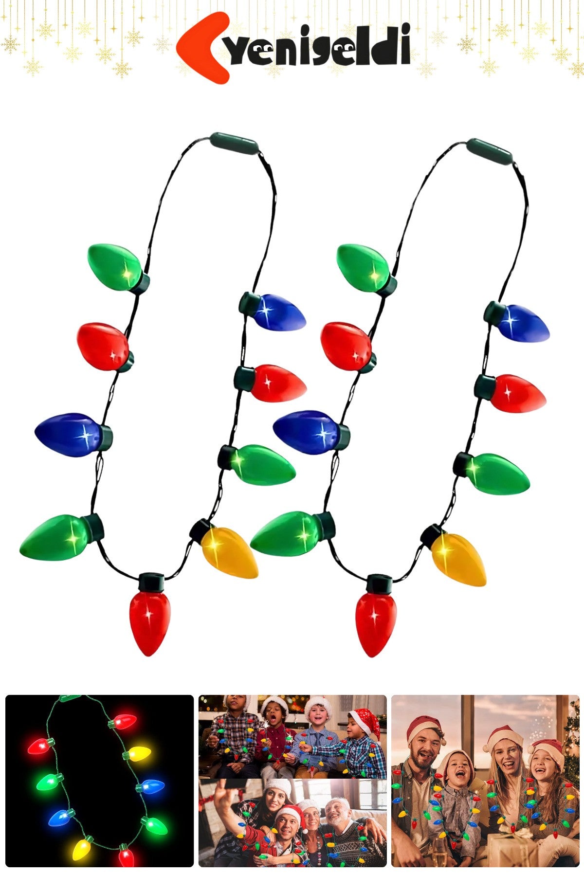 2 Adet Renkli Yılbaşı LED Işıklı Kolye - Parti ve Noel Dekorasyonu 3 Kademeli Yanma Modu