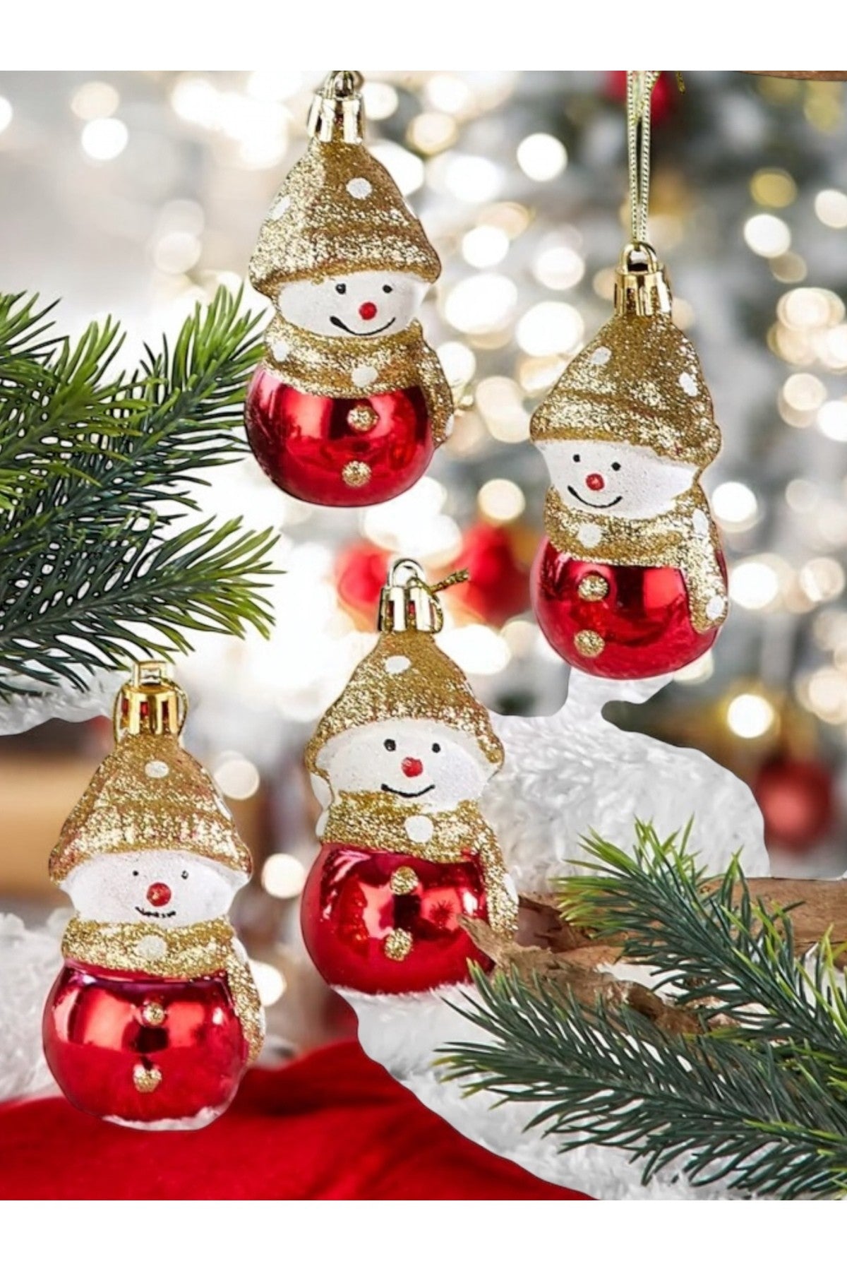 4 Adet Altın Şapkalı Kardan Adam Yılbaşı Süsü Noel Ağaç Süs Parti Dekorasyon