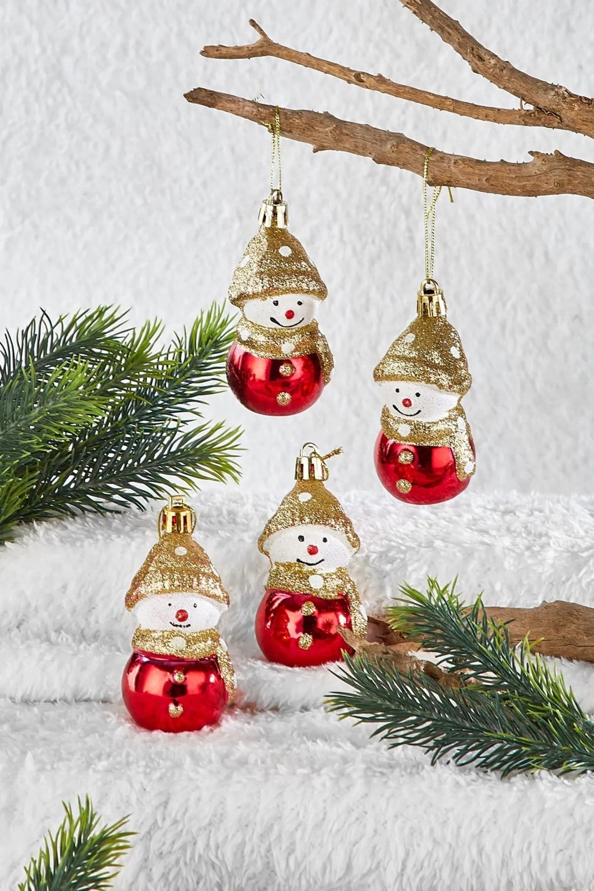 8 Adet Altın Şapkalı Kardan Adam Noel Ağacı Süsü - Kırmızı Gövdeli Parlak Dekoratif Yılbaşı Seti