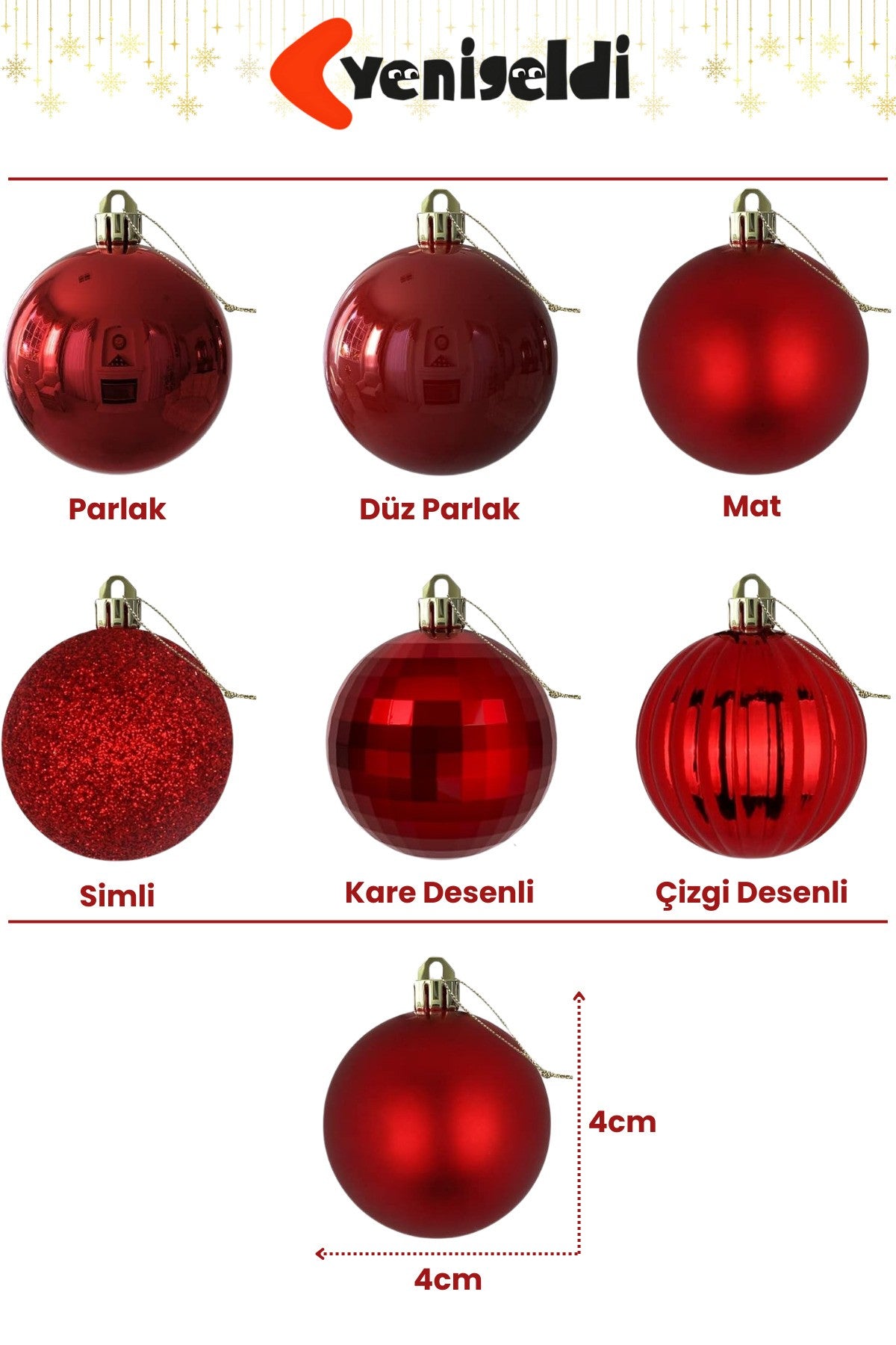 6 Adet Kırmızı Noel Ağacı Süsü – Mat, Parlak, Simli ve Yansıtıcı Dekoratif Yılbaşı Topu Seti