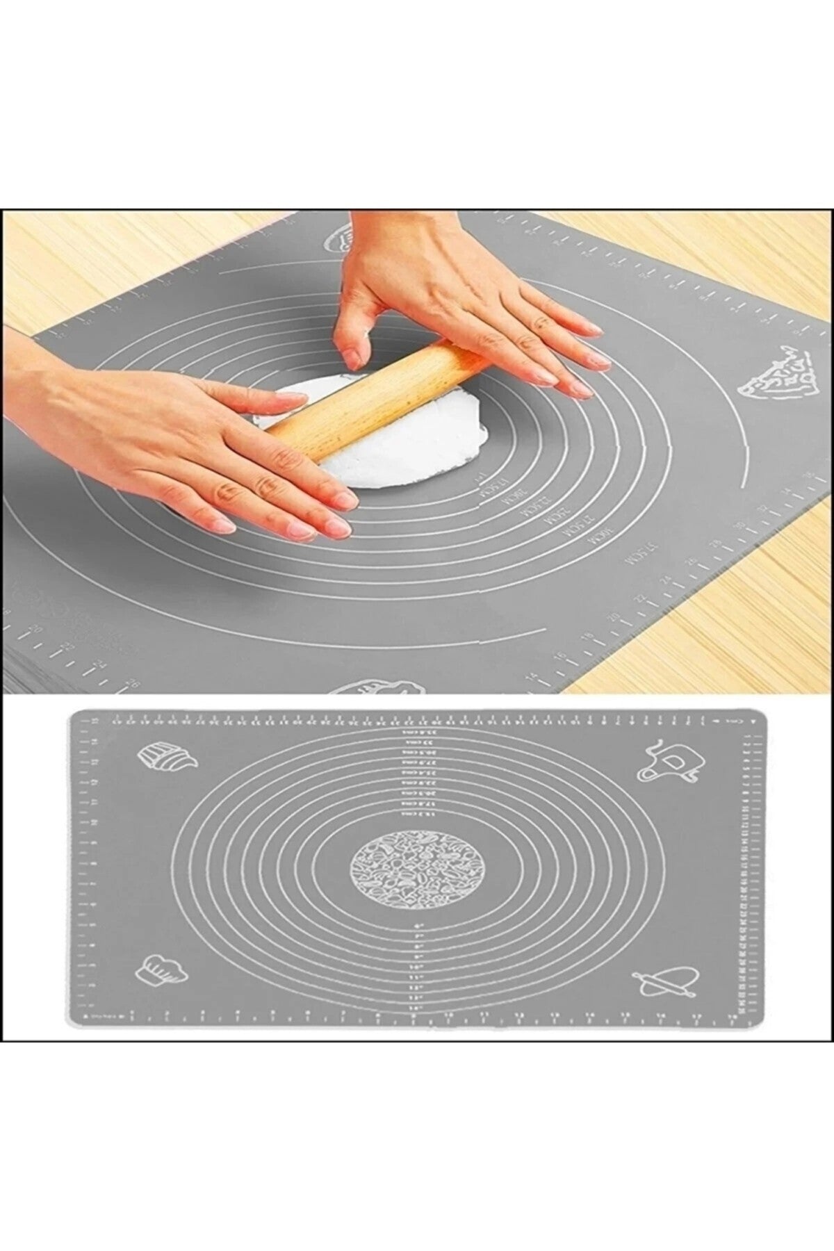 Gri Silikon Yapışmaz Hamur Açma Matı, Ölçekli Hamur Açma Altlığı Masa Tezgah Yüzey Koruyucu 50x40cm