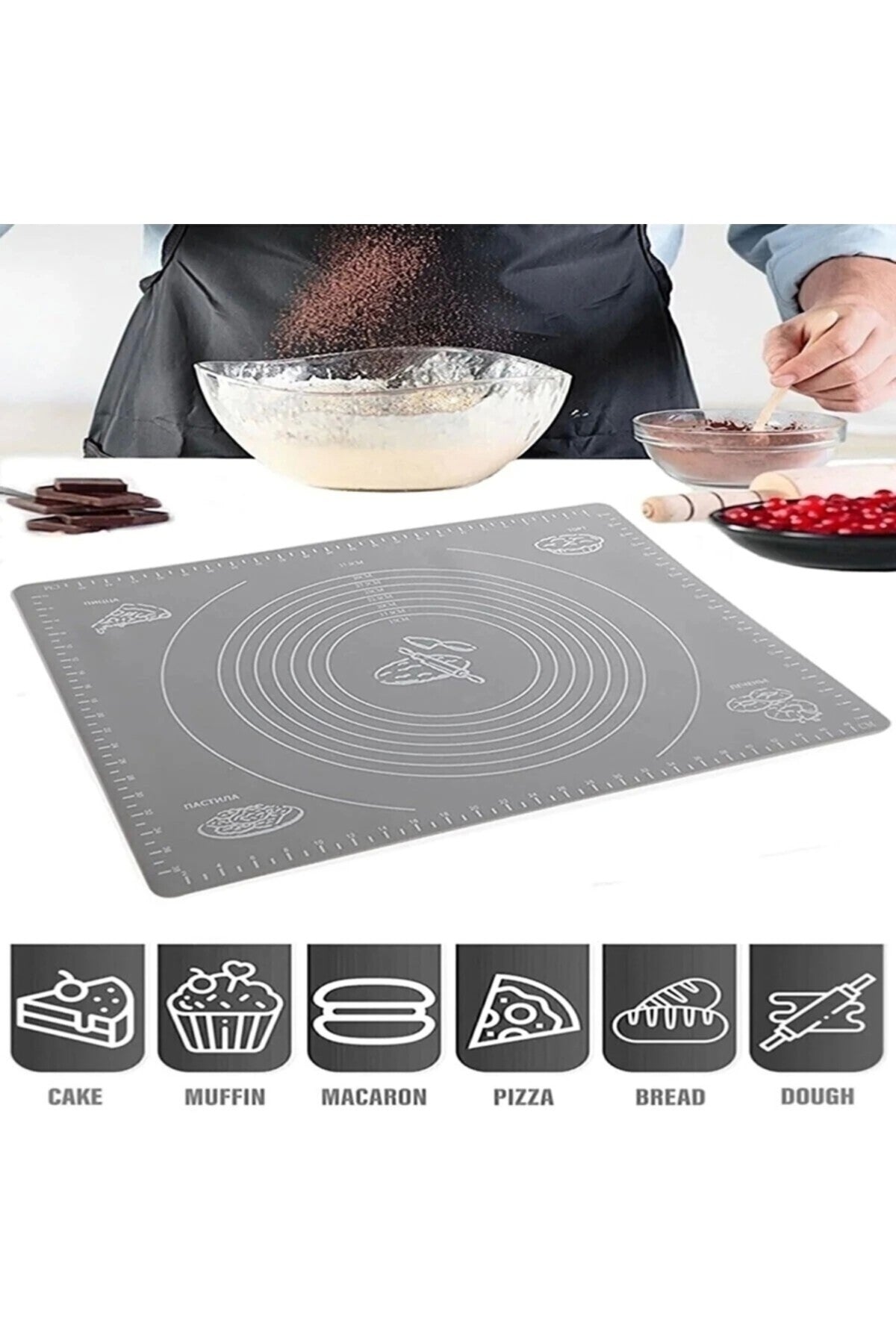 Gri Silikon Yapışmaz Hamur Açma Matı, Ölçekli Hamur Açma Altlığı Masa Tezgah Yüzey Koruyucu 50x40cm