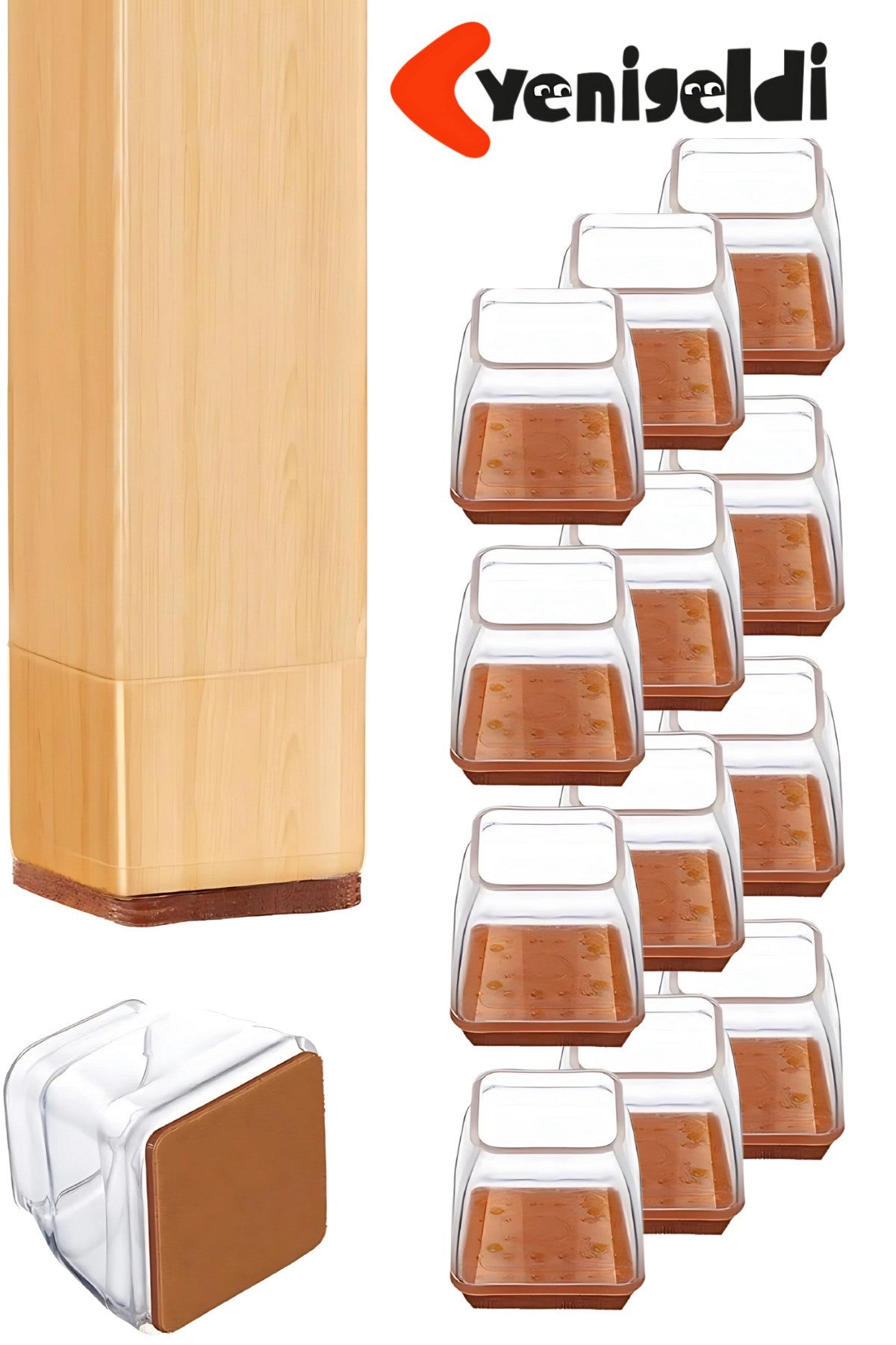 12 Adet Kare Sandalye Papucu (T:3,3cm U:3,3cm) Şeffaf Silikon İnce Keçeli Sandalye Pabucu