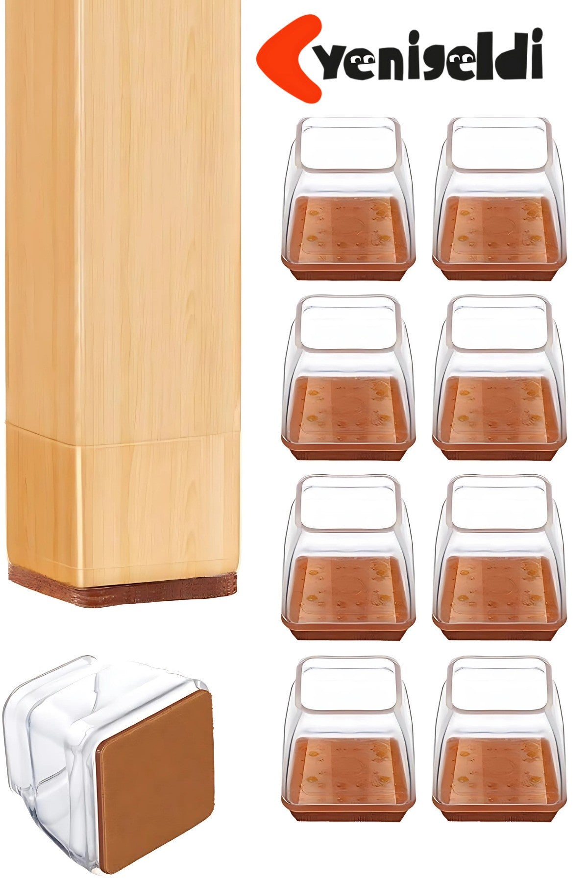 8 Adet Kare Sandalye Papucu (T:3,9cm U:3,6cm) Şeffaf Silikon İnce Keçeli Sandalye Pabucu