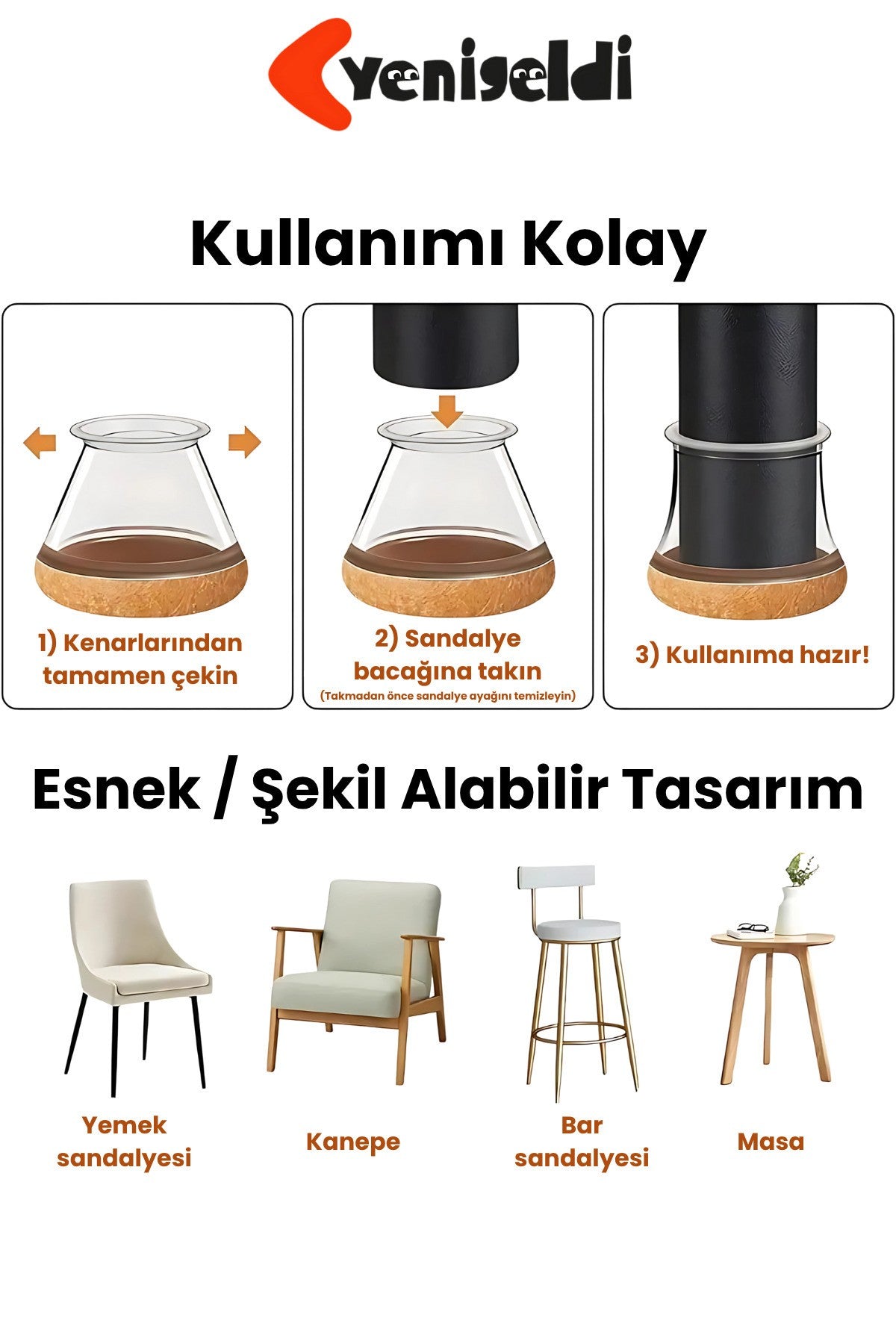 24 Adet Yuvarlak Sandalye Pabucu (T:4,1cm U:3,9cm) Şeffaf Silikon Kalın Keçeli Sandalye Pabucu