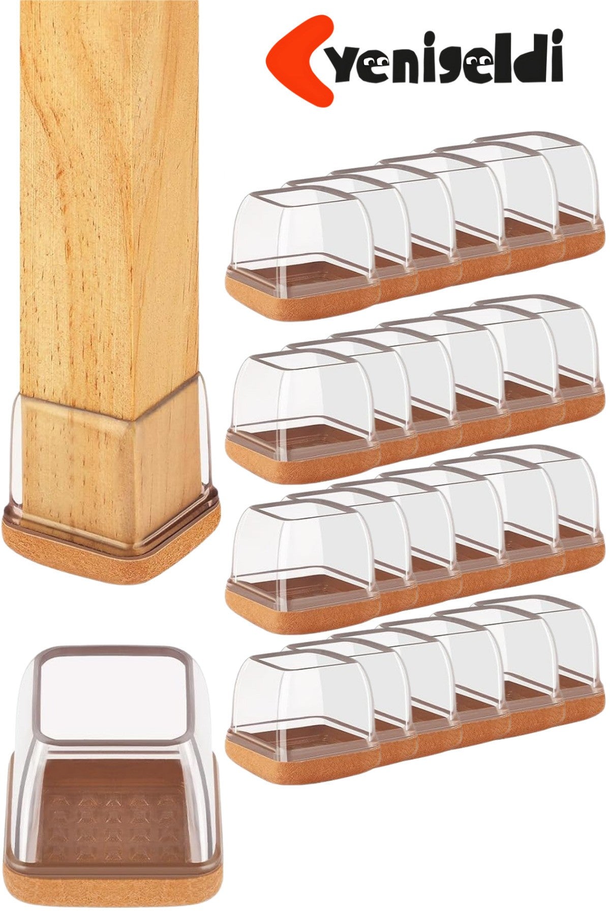 24 Adet Kare Sandalye Papucu (T:4,2cm U:3,5cm) Şeffaf Silikon Kalın Keçeli Sandalye Papucu