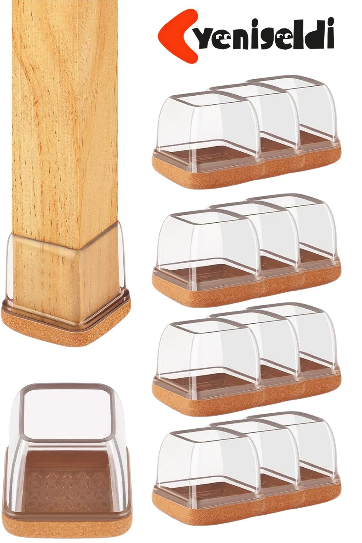 12 Adet Kare Sandalye Papucu (T:3.3cm U:3,5cm) Şeffaf Silikon Kalın Keçeli Sandalye Papucu